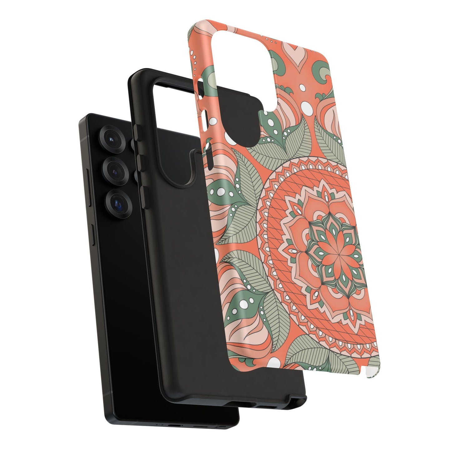 "Persimmon" Mandala Floral Phone Case — Boho Coral Green Protective Cover
