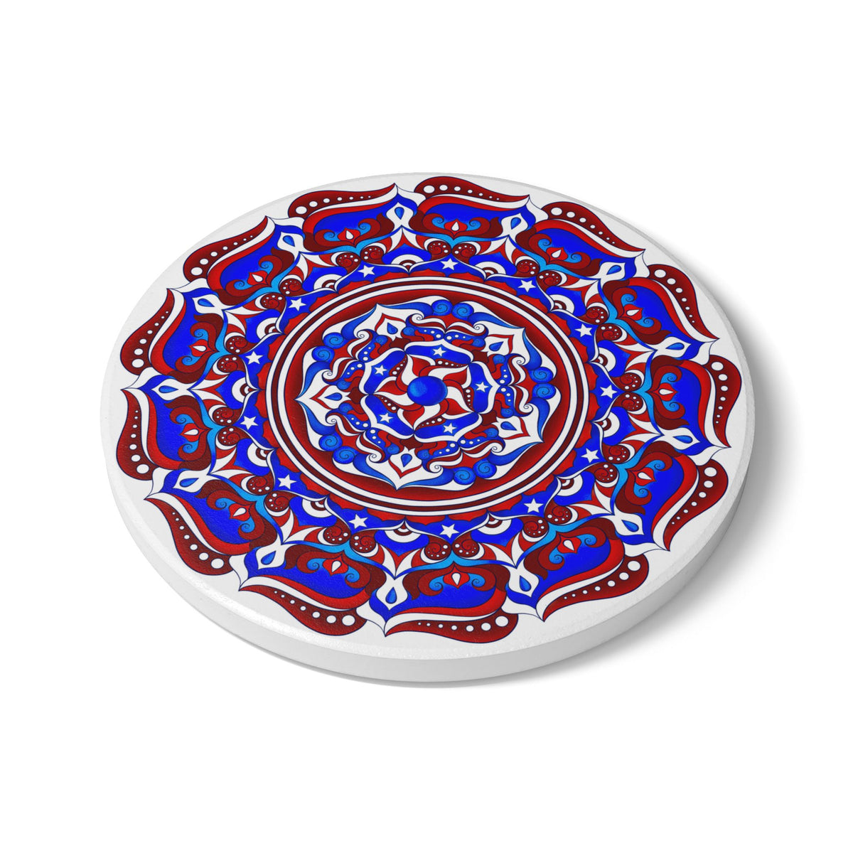 Patriotic Mandala Ceramic Coaster — Red White & Blue Boho Home Decor | 250th Anniversary Gift
