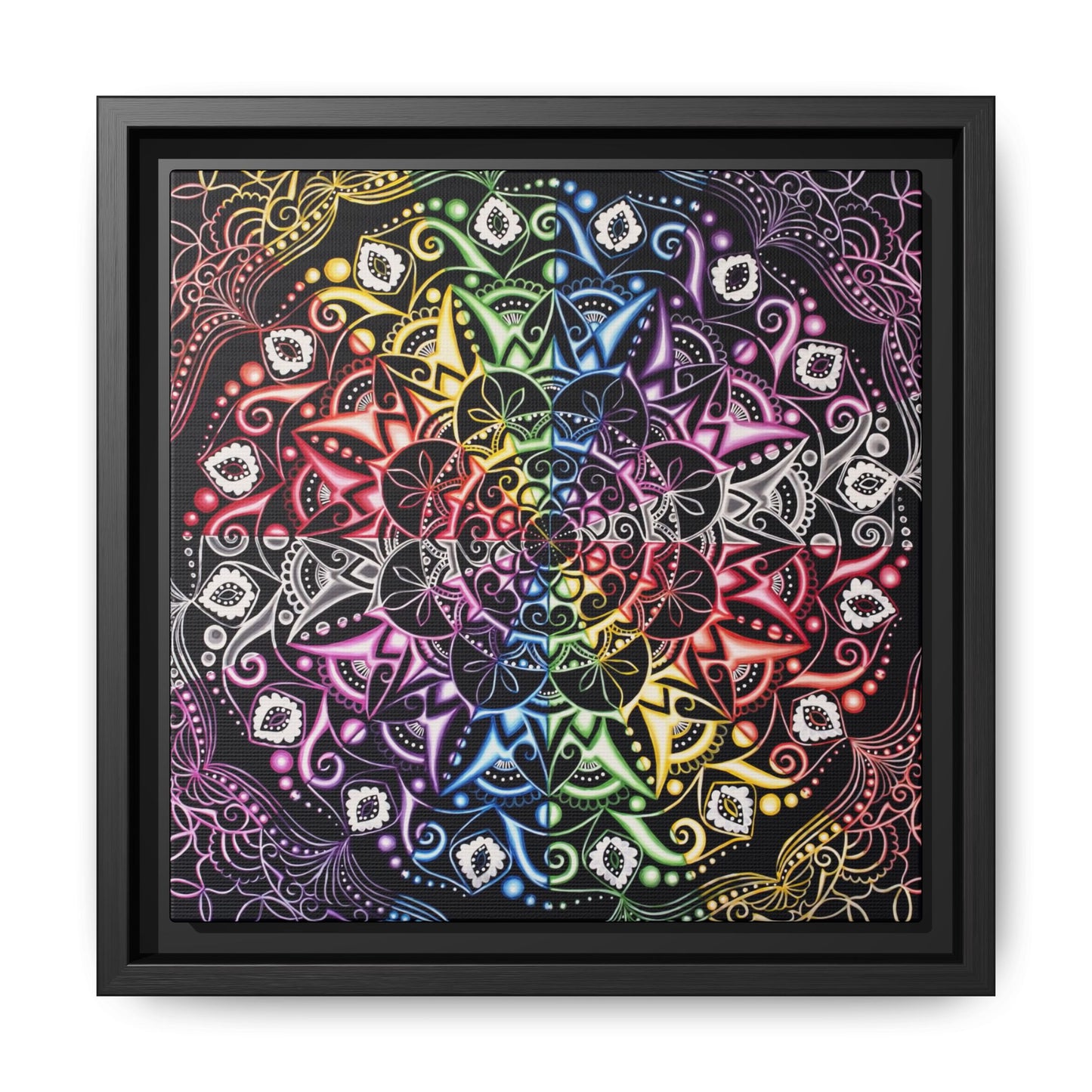 Rainbow Mandala Framed Canvas Art — Psychedelic Boho Wall Decor