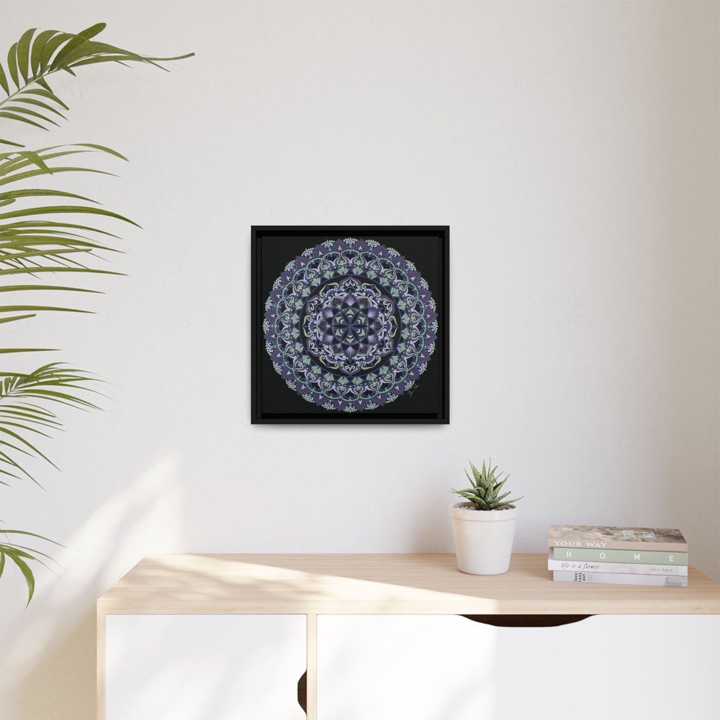 Framed "Wisteria Bloom" Mandala Wall Art — Purple Floral Geometric Canvas