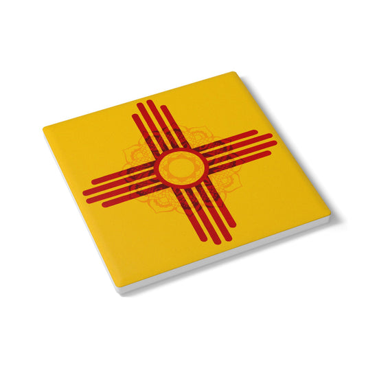 Zia Sun Ceramic Coaster — New Mexico Flag Symbol Yellow & Red Drink Mat
