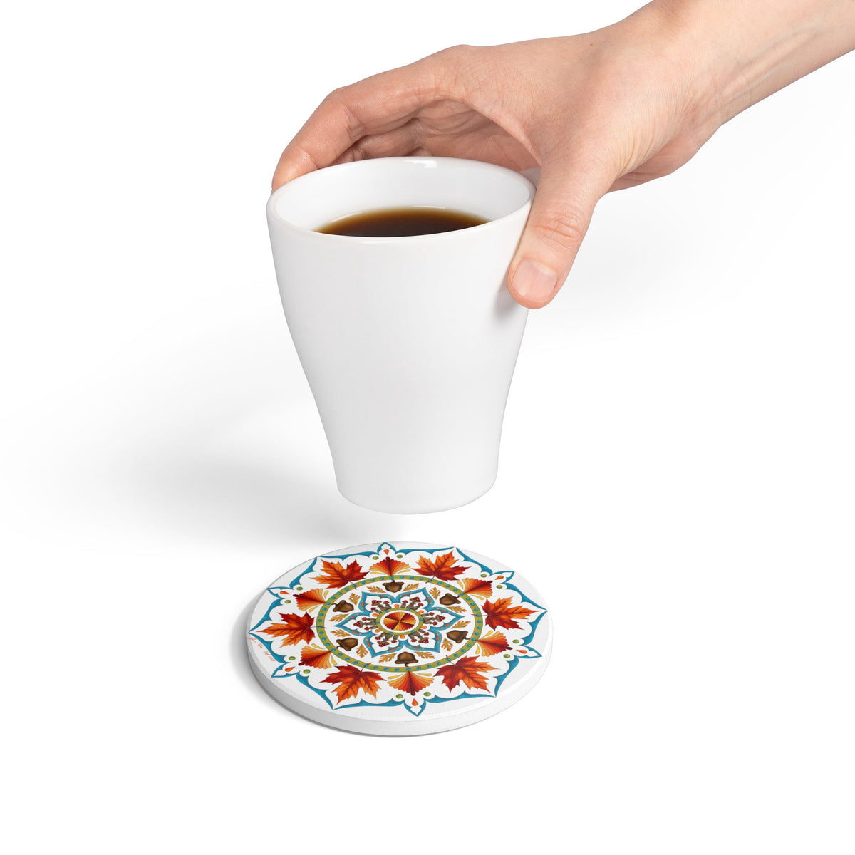 Autumn Mandala Ceramic Coaster — Fall Leaves & Acorns Boho Home Decor Gift
