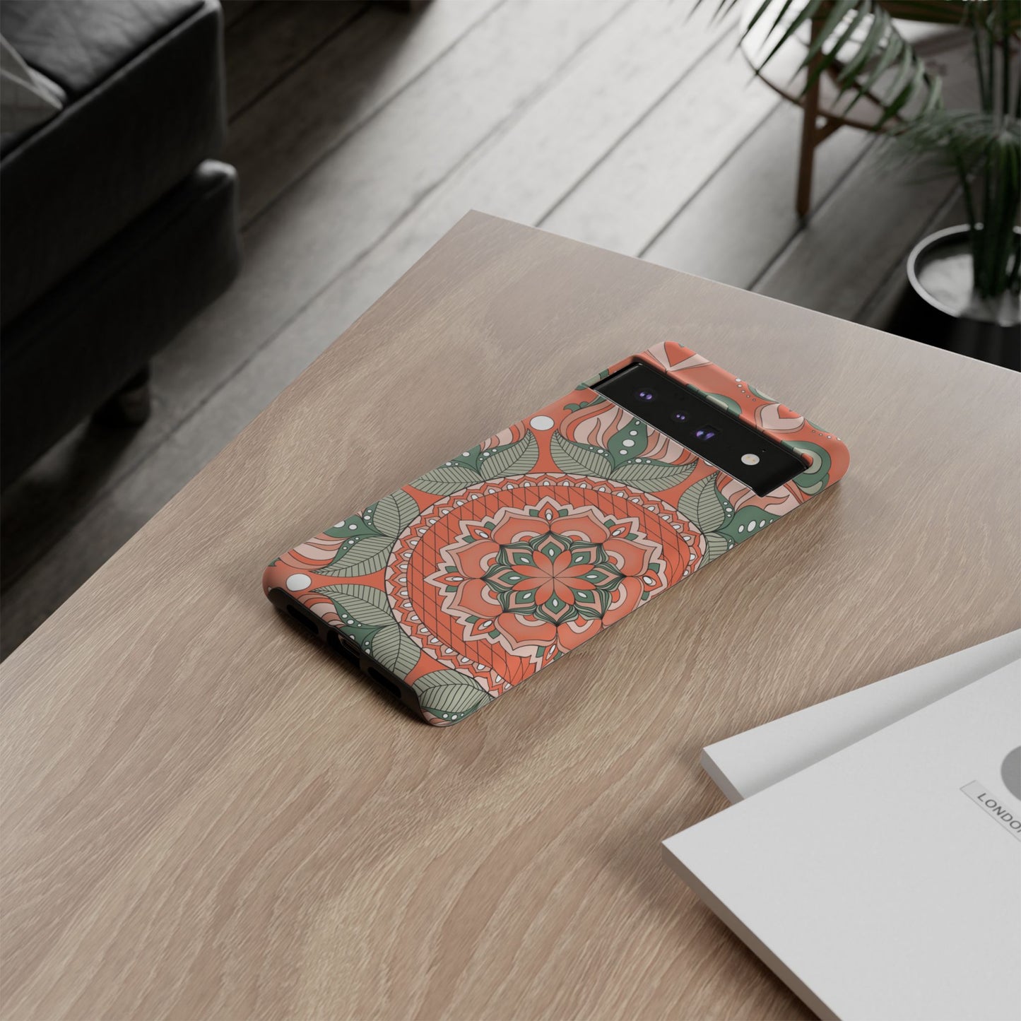 "Persimmon" Mandala Floral Phone Case — Boho Coral Green Protective Cover