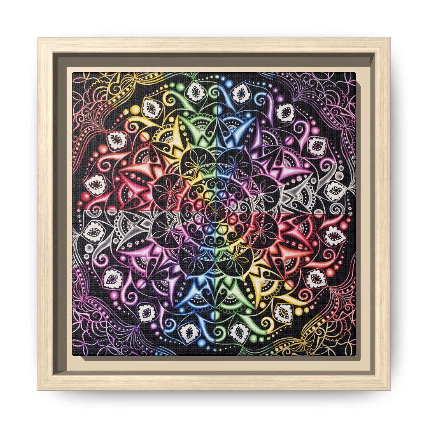 Rainbow Mandala Framed Canvas Art — Psychedelic Boho Wall Decor