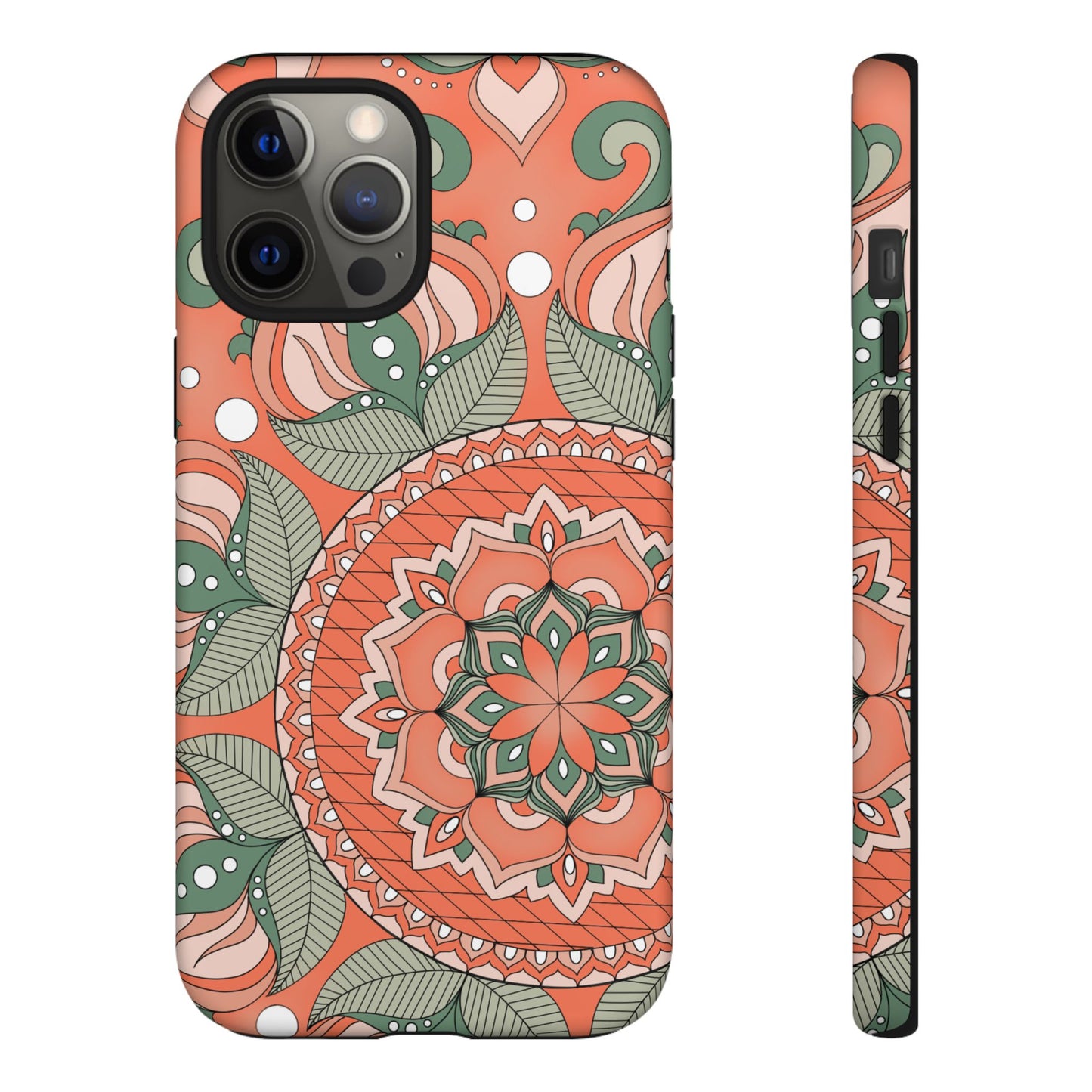 "Persimmon" Mandala Floral Phone Case — Boho Coral Green Protective Cover