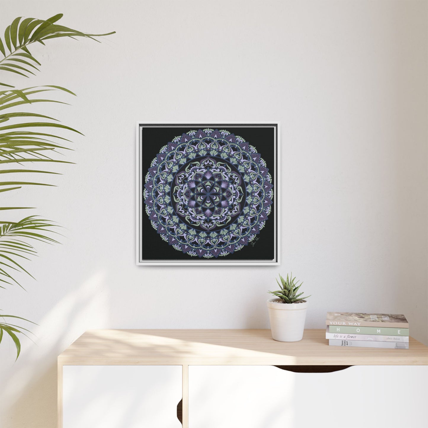Framed "Wisteria Bloom" Mandala Wall Art — Purple Floral Geometric Canvas