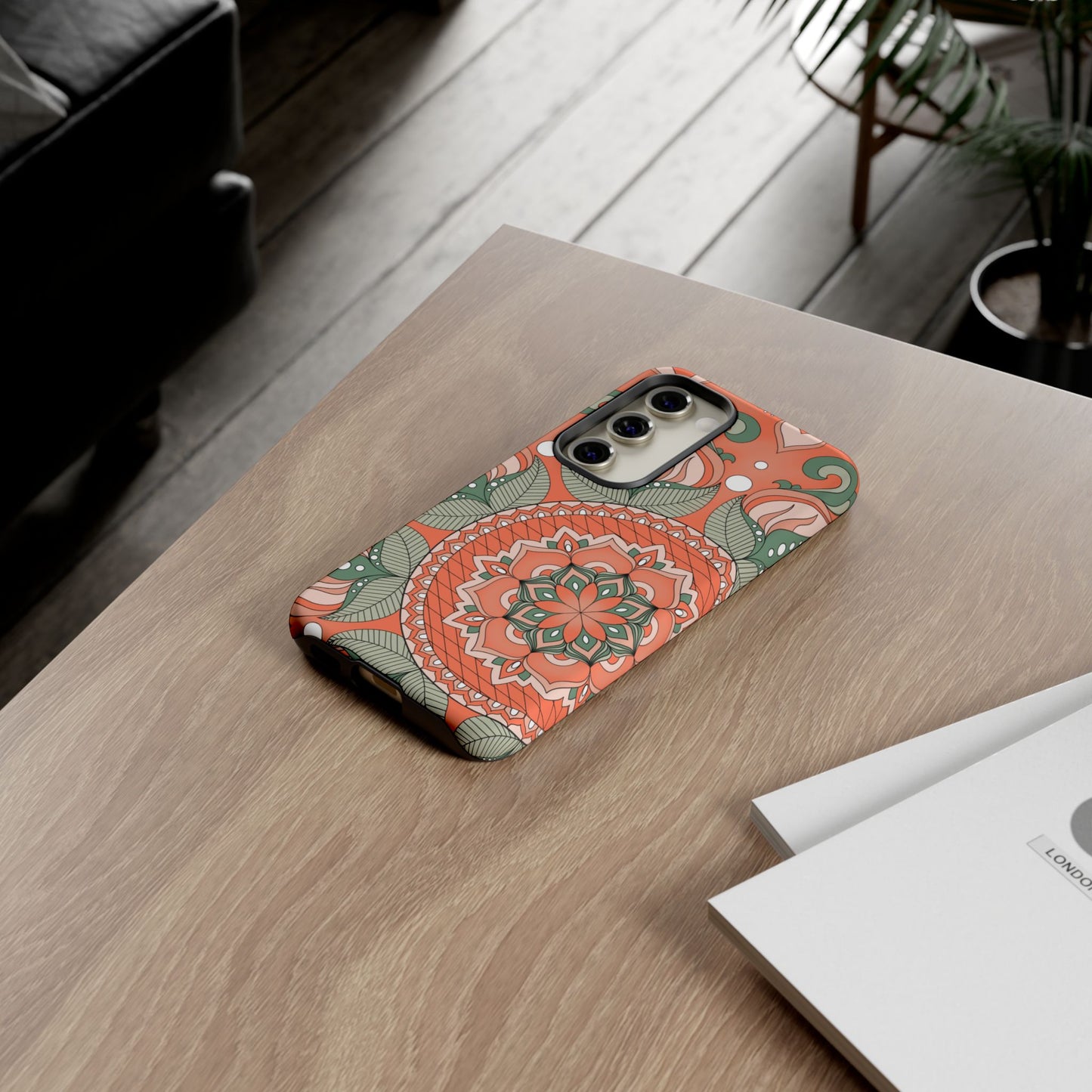 "Persimmon" Mandala Floral Phone Case — Boho Coral Green Protective Cover