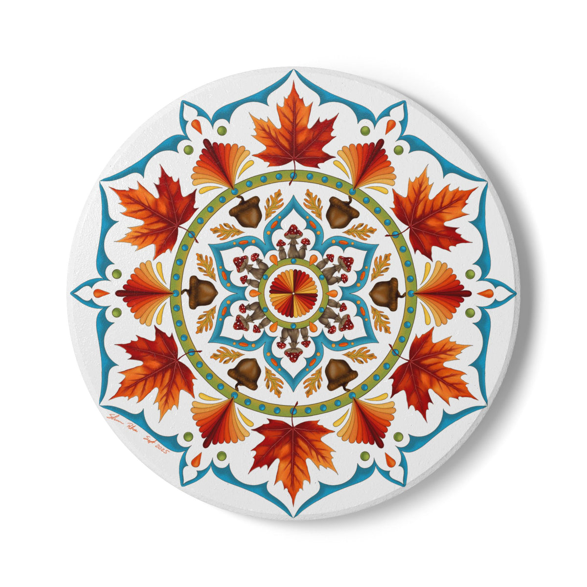 Autumn Mandala Ceramic Coaster — Fall Leaves & Acorns Boho Home Decor Gift