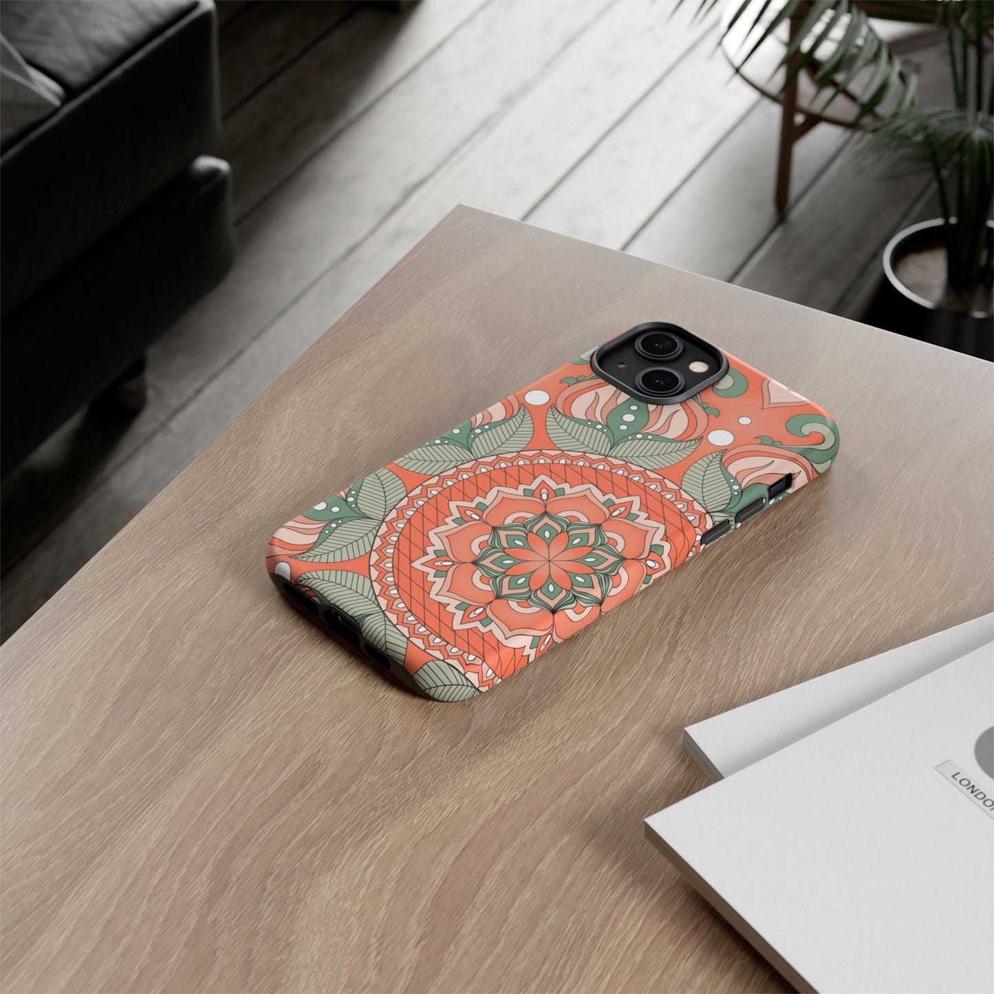 "Persimmon" Mandala Floral Phone Case — Boho Coral Green Protective Cover