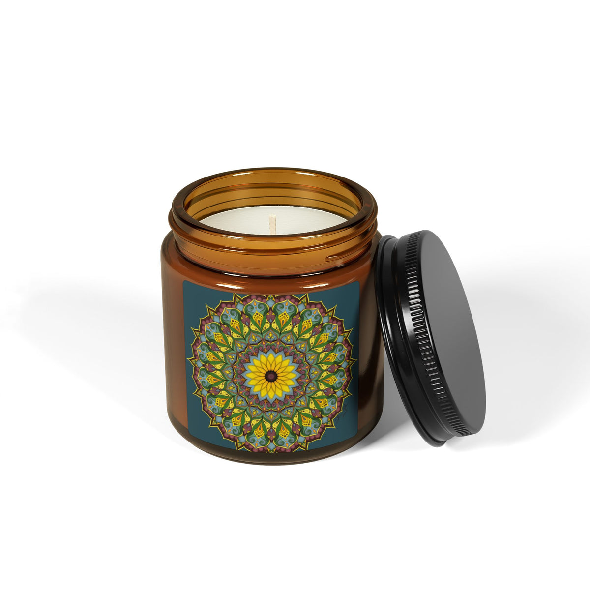 Sunflower Mandala Soy Candle in Amber Jar