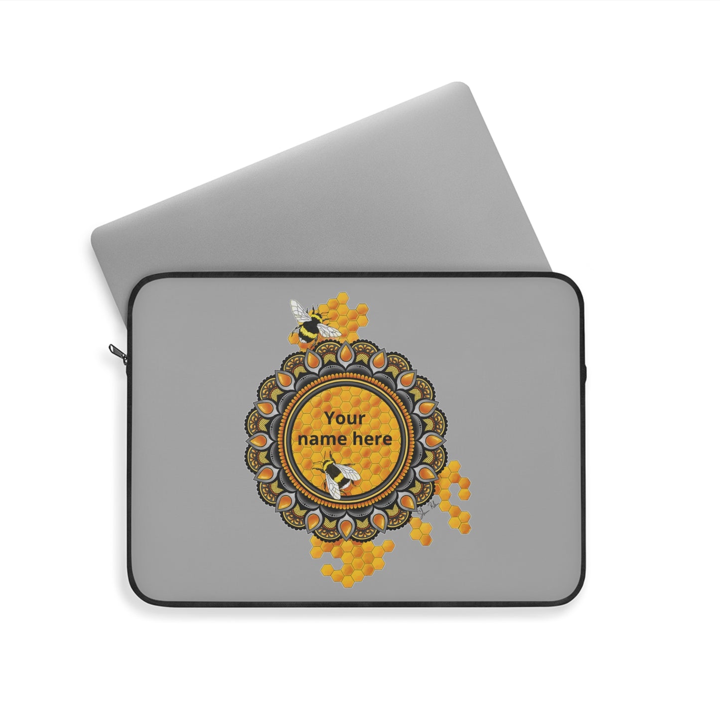 Personalized Honeybee Laptop Sleeve — Custom Name Botanical Mandala Design