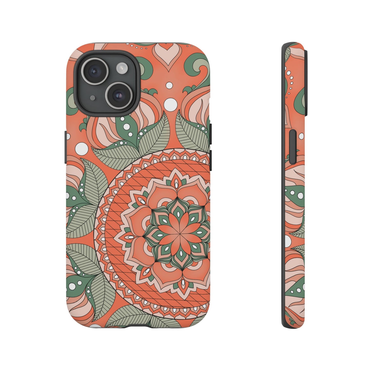 "Persimmon" Mandala Floral Phone Case — Boho Coral Green Protective Cover