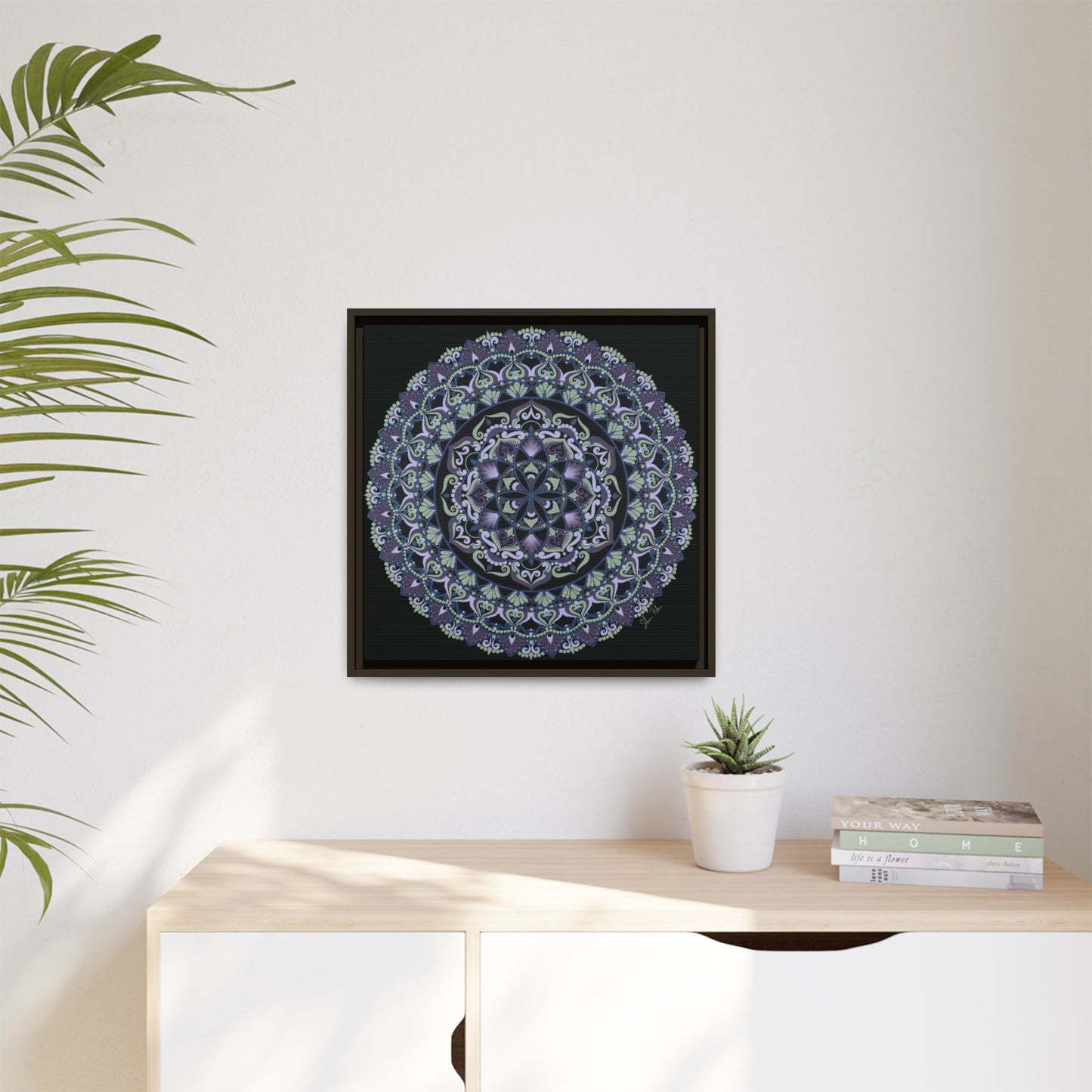 Framed "Wisteria Bloom" Mandala Wall Art — Purple Floral Geometric Canvas
