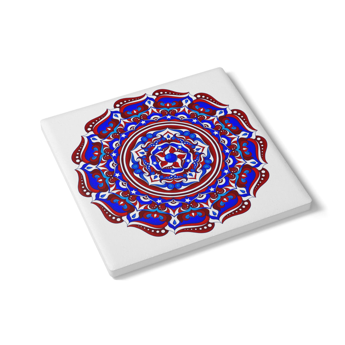 Patriotic Mandala Ceramic Coaster — Red White & Blue Boho Home Decor | 250th Anniversary Gift