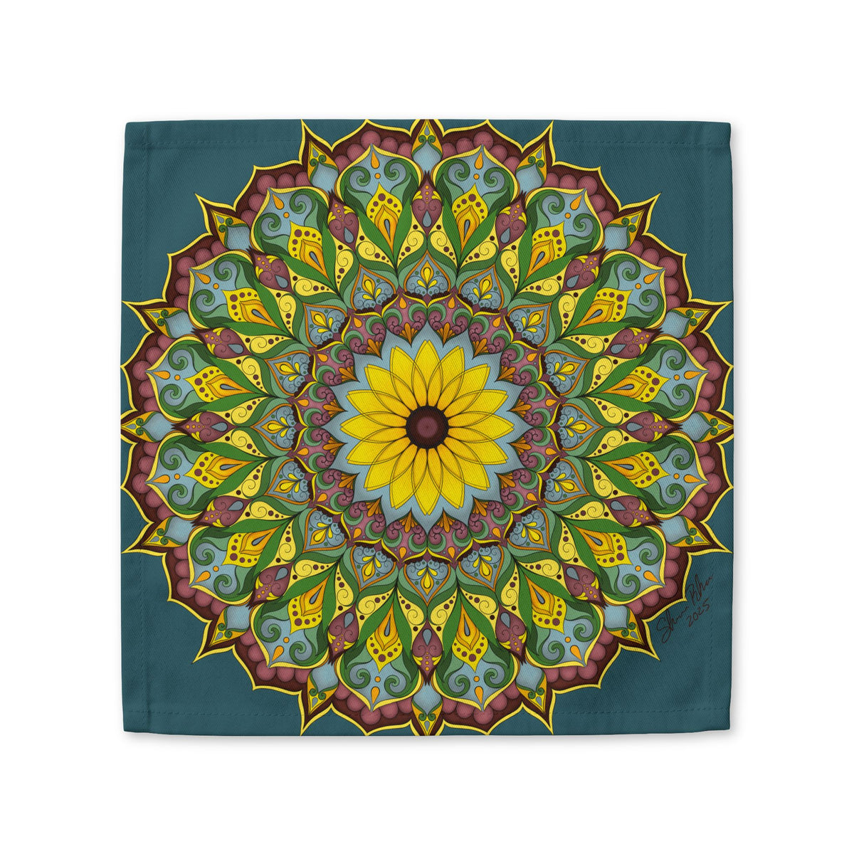 Mandala Sunflower Cotton Napkin — Boho Floral Table Linen | Cheerful Botanical Kitchen Gift
