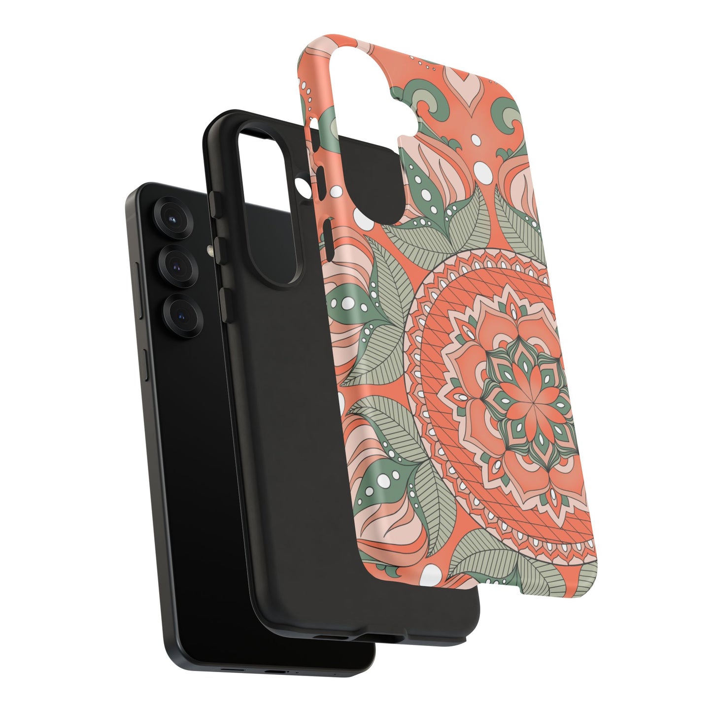 "Persimmon" Mandala Floral Phone Case — Boho Coral Green Protective Cover