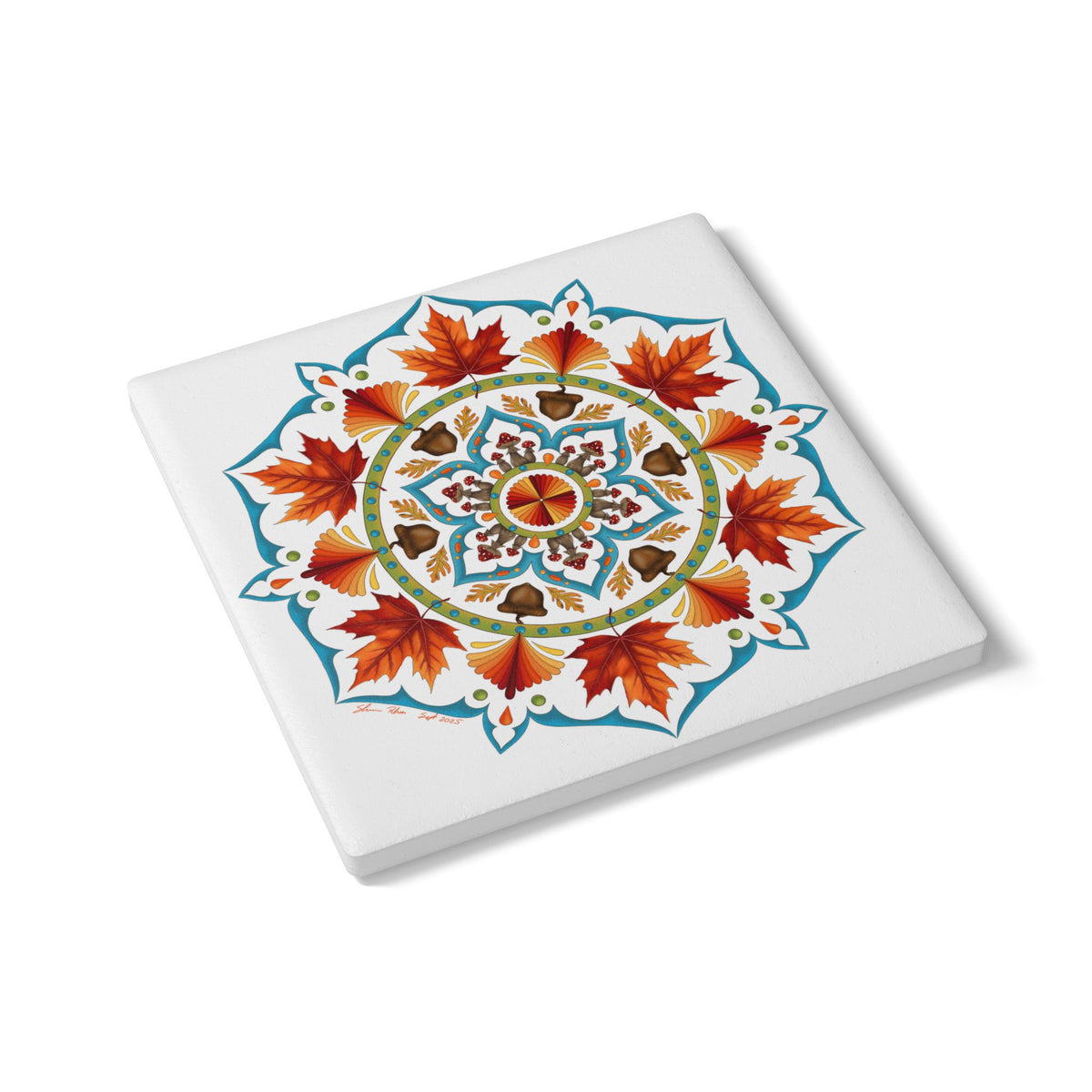 Autumn Mandala Ceramic Coaster — Fall Leaves & Acorns Boho Home Decor Gift