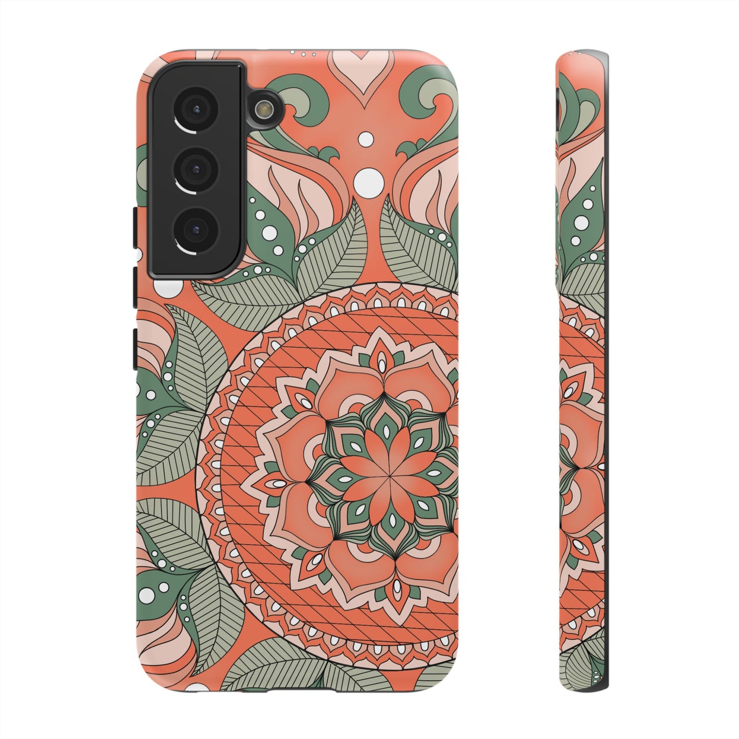 "Persimmon" Mandala Floral Phone Case — Boho Coral Green Protective Cover