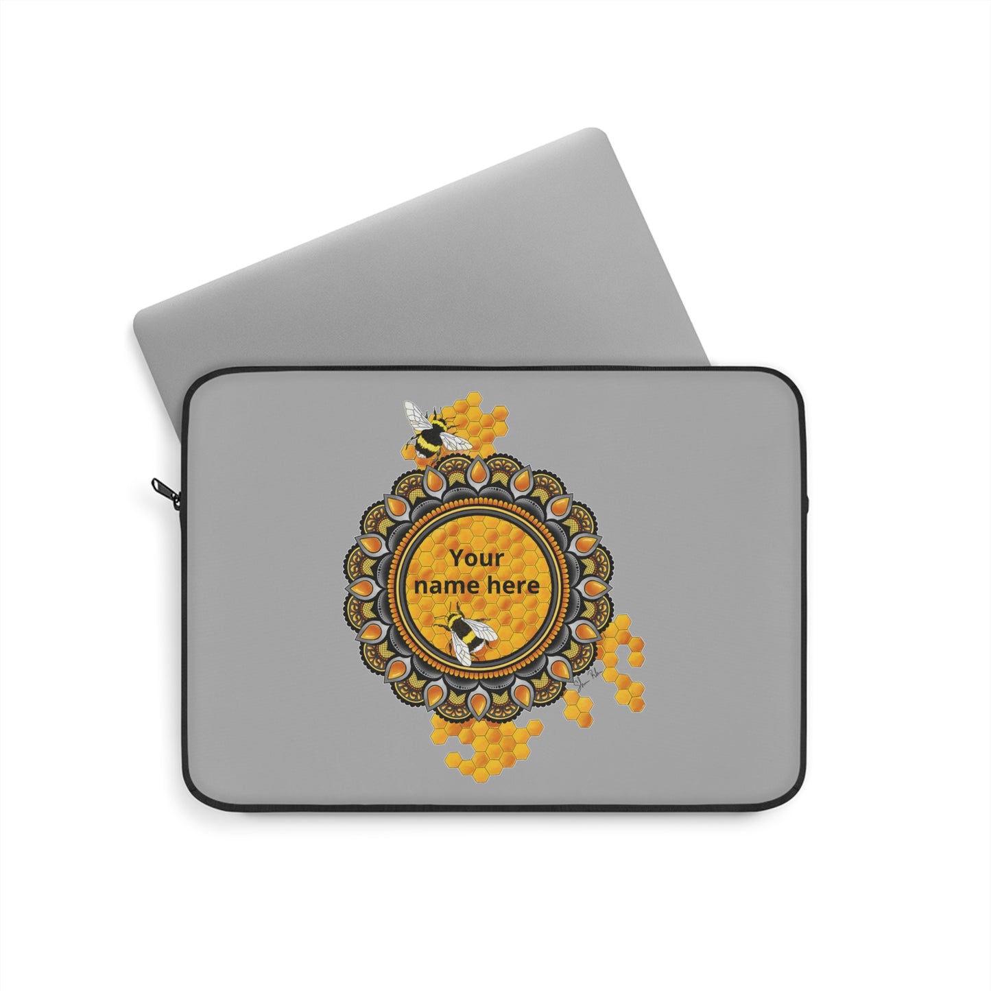 Personalized Honeybee Laptop Sleeve — Custom Name Botanical Mandala Design