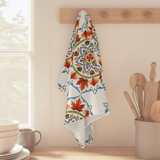 Autumn Mandala Microfiber Tea Towel — Fall Leaves & Acorns Boho Kitchen Towel | Seasonal Home Gift