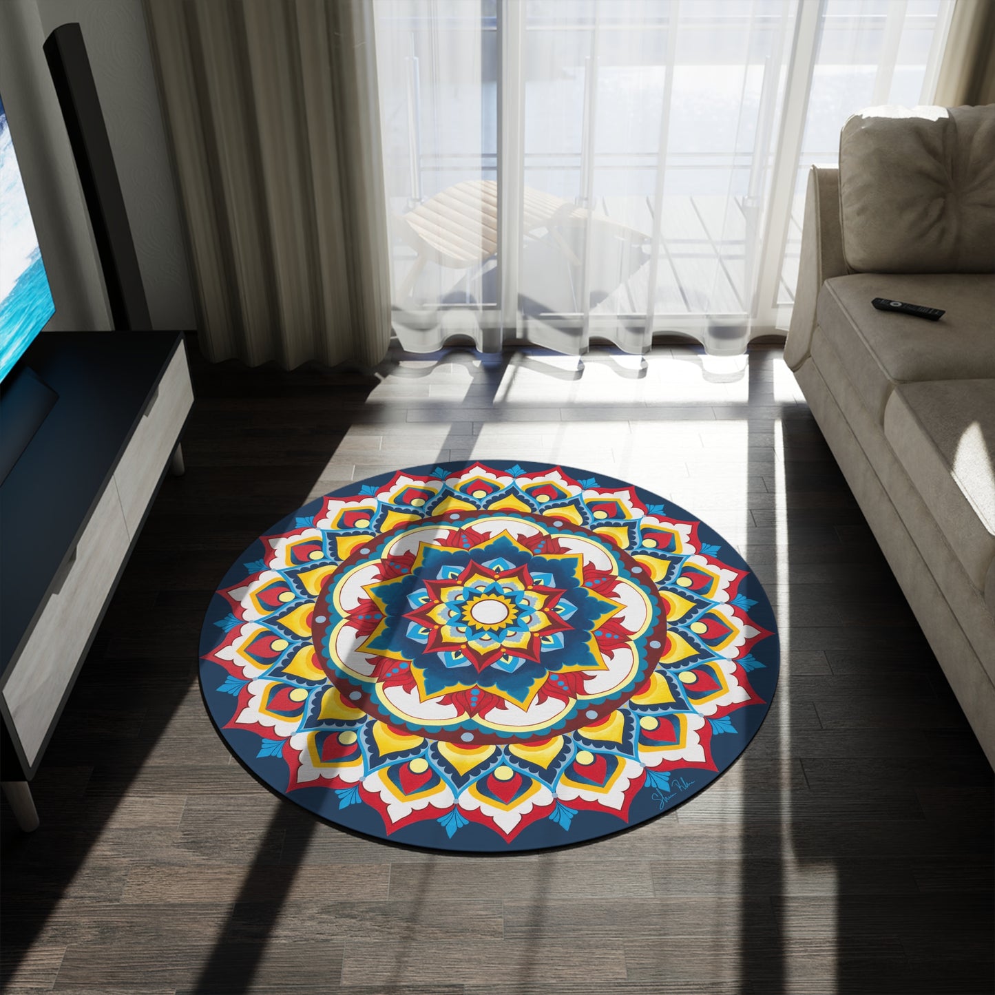 "Azul Morning" Boho Mandala Round Rug – Colorful Meditation Floor Mat