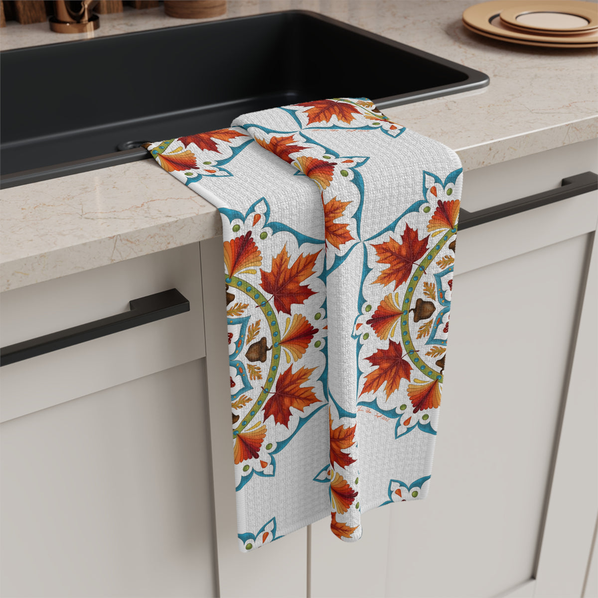 Autumn Mandala Microfiber Tea Towel — Fall Leaves & Acorns Boho Kitchen Towel | Seasonal Home Gift
