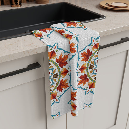 Autumn Mandala Microfiber Tea Towel — Fall Leaves & Acorns Boho Kitchen Towel | Seasonal Home Gift