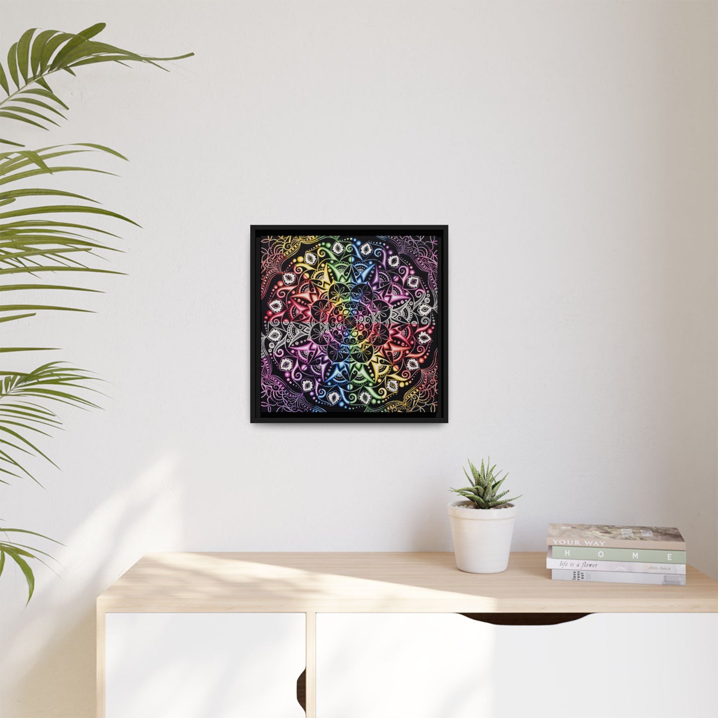 Rainbow Mandala Framed Canvas Art — Psychedelic Boho Wall Decor