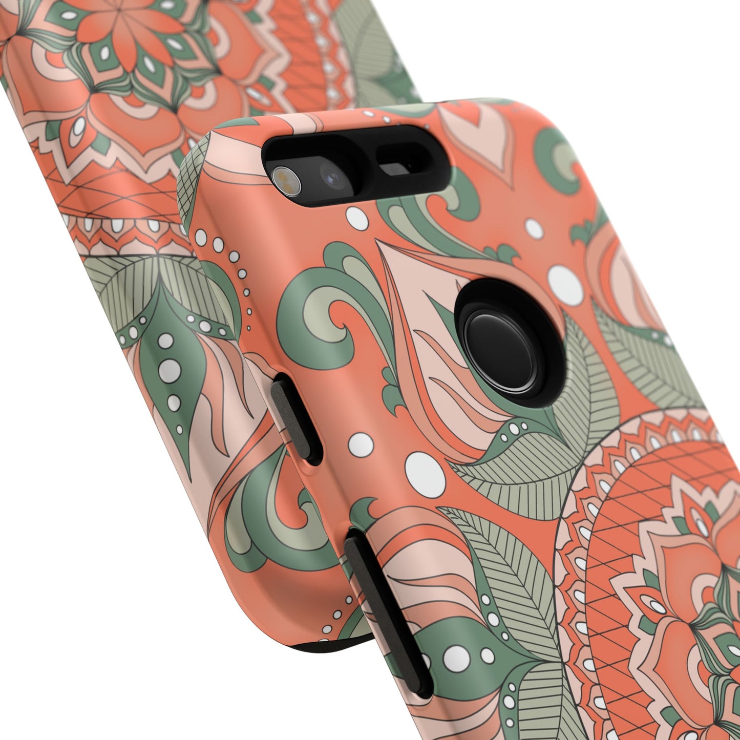 "Persimmon" Mandala Floral Phone Case — Boho Coral Green Protective Cover