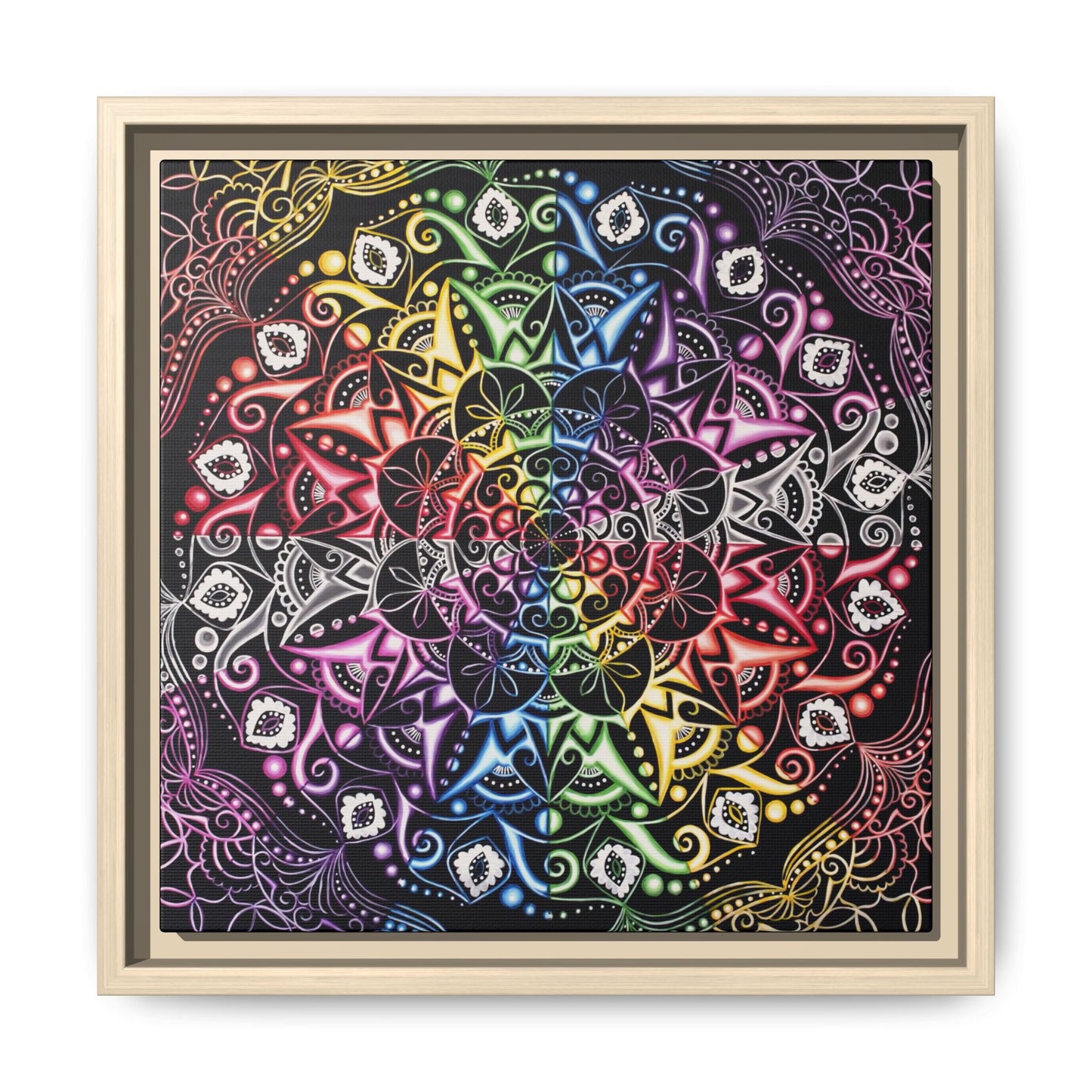 Rainbow Mandala Framed Canvas Art — Psychedelic Boho Wall Decor