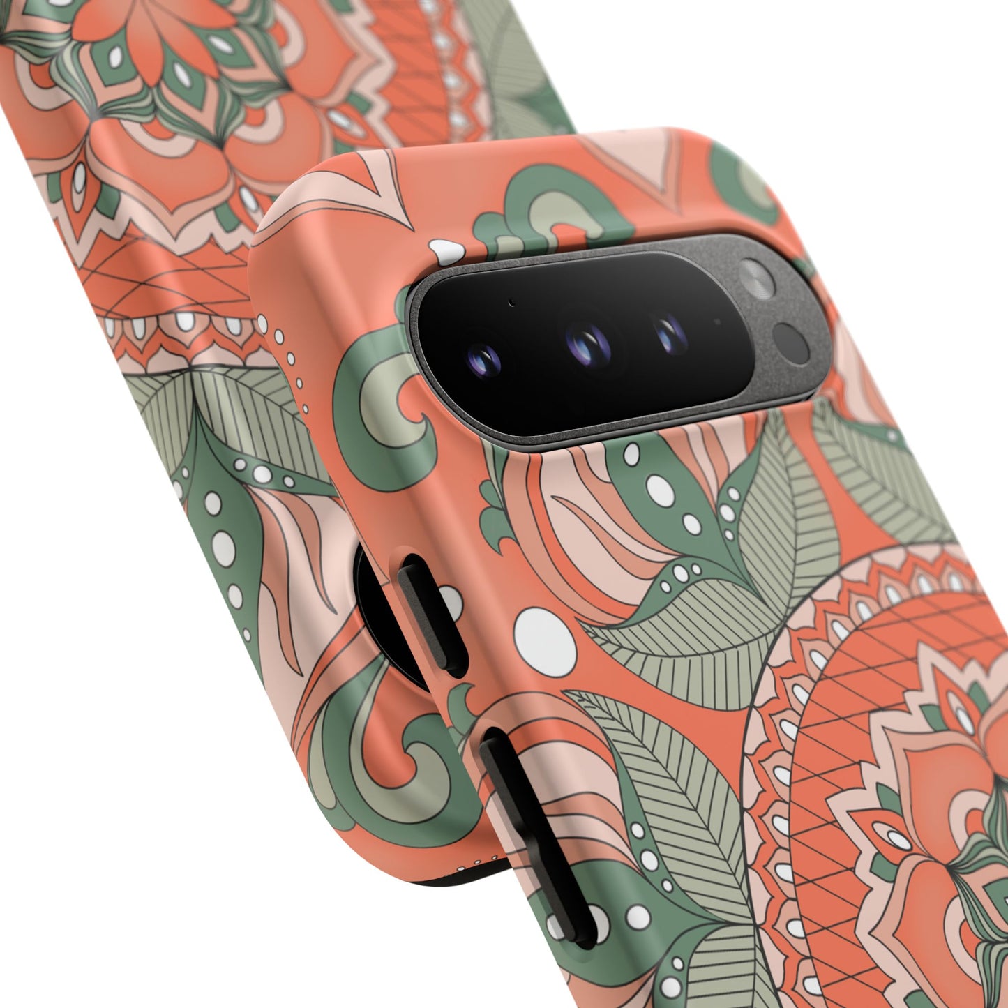 "Persimmon" Mandala Floral Phone Case — Boho Coral Green Protective Cover