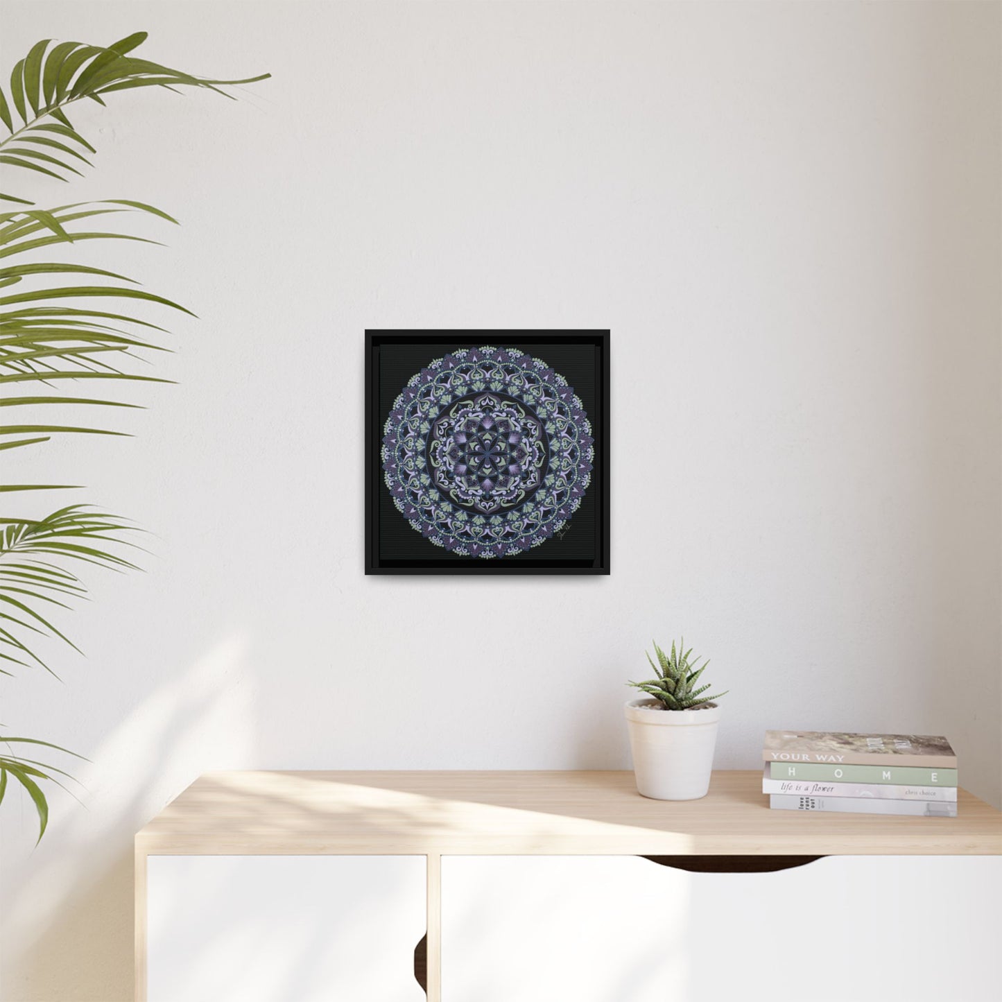 Framed "Wisteria Bloom" Mandala Wall Art — Purple Floral Geometric Canvas