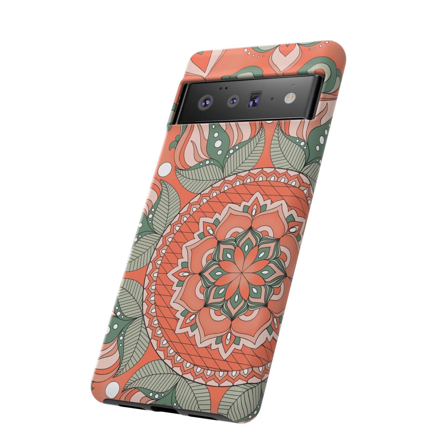 "Persimmon" Mandala Floral Phone Case — Boho Coral Green Protective Cover