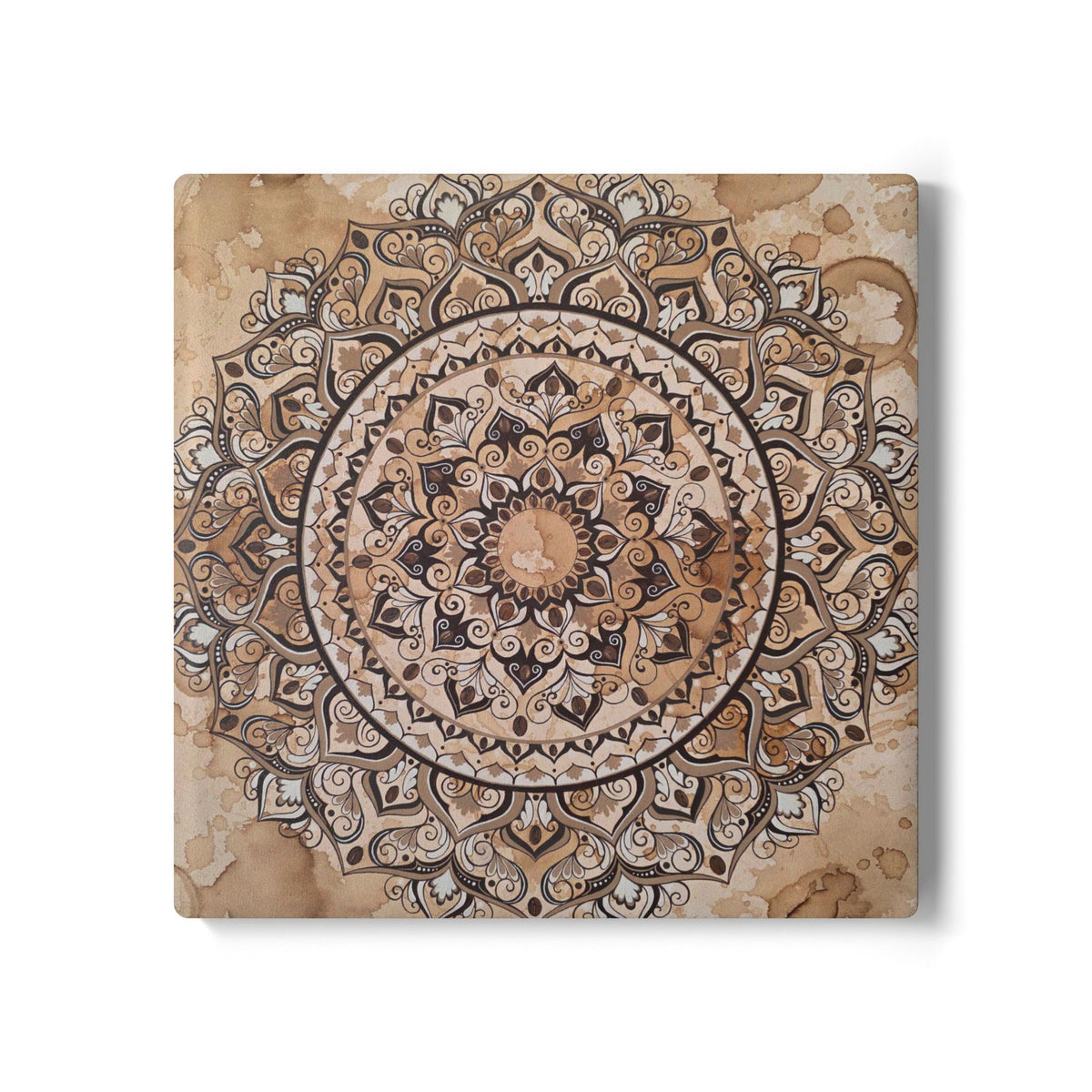 Espresso Beans Mandala Ceramic Coaster — Boho Coffee Lover Gift | Sepia Art Drink Coaster