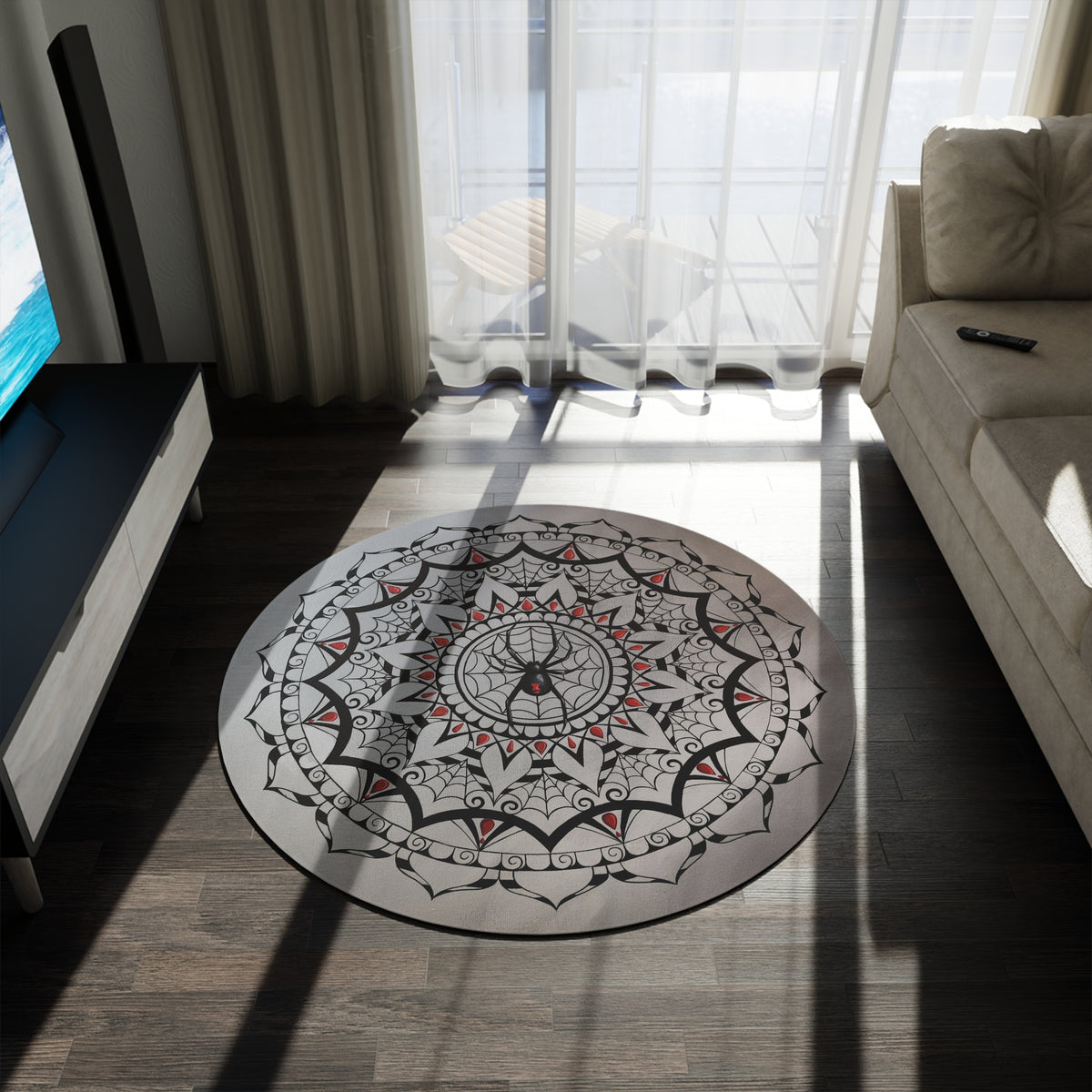 Gothic Spiderweb Mandala Round Rug — Black & Red