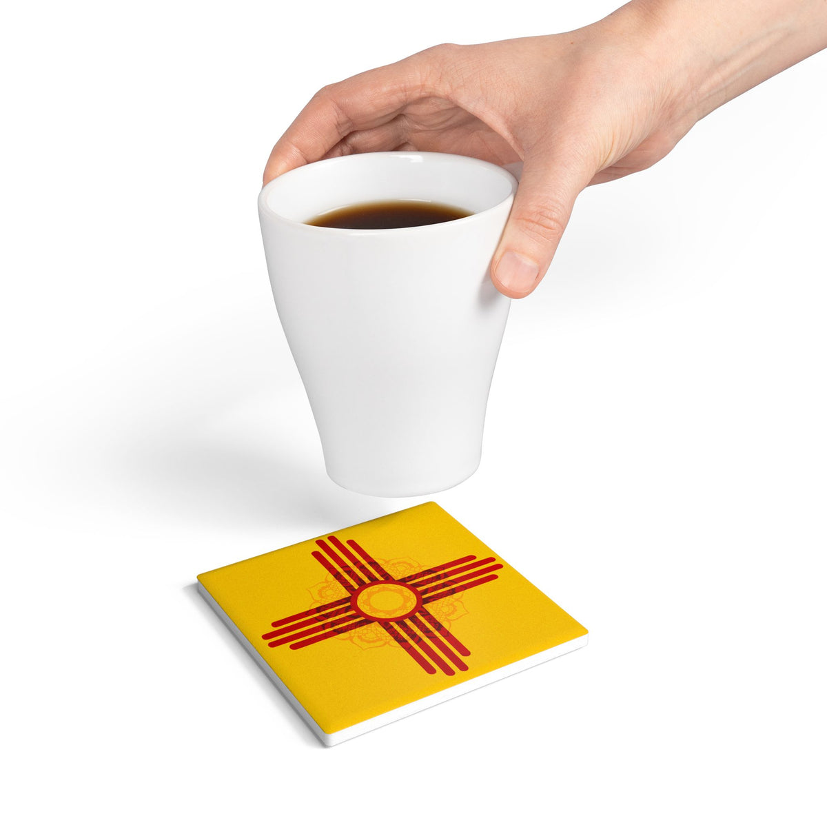 Zia Sun Ceramic Coaster — New Mexico Flag Symbol Yellow & Red Drink Mat