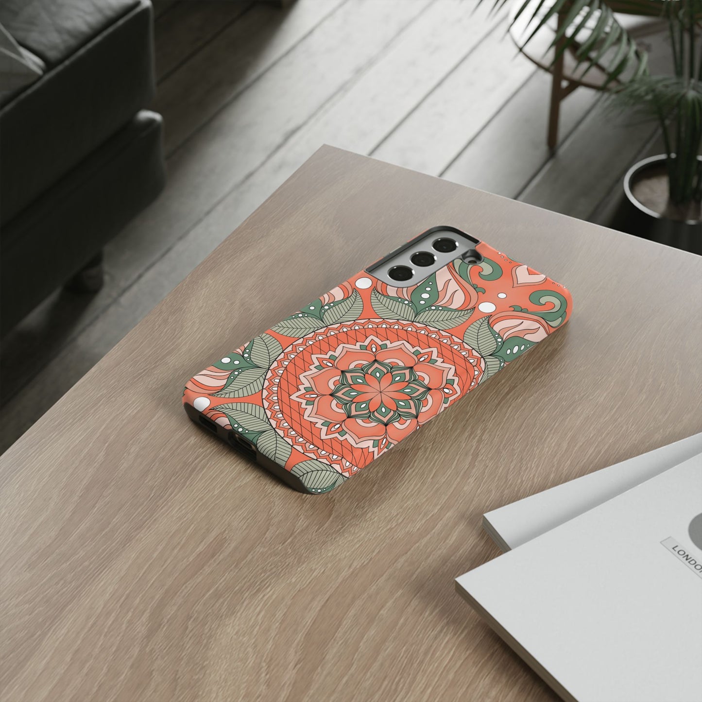 "Persimmon" Mandala Floral Phone Case — Boho Coral Green Protective Cover
