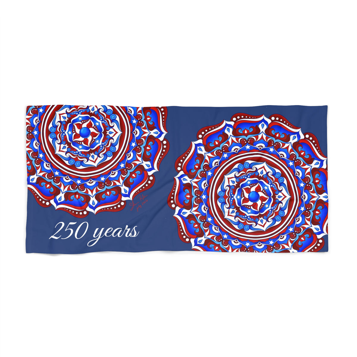 Patriotic "250 Years of Story" Mandala Beach Towel — Red White & Blue Semiquincentennial Gift | Pool & Beach Towel