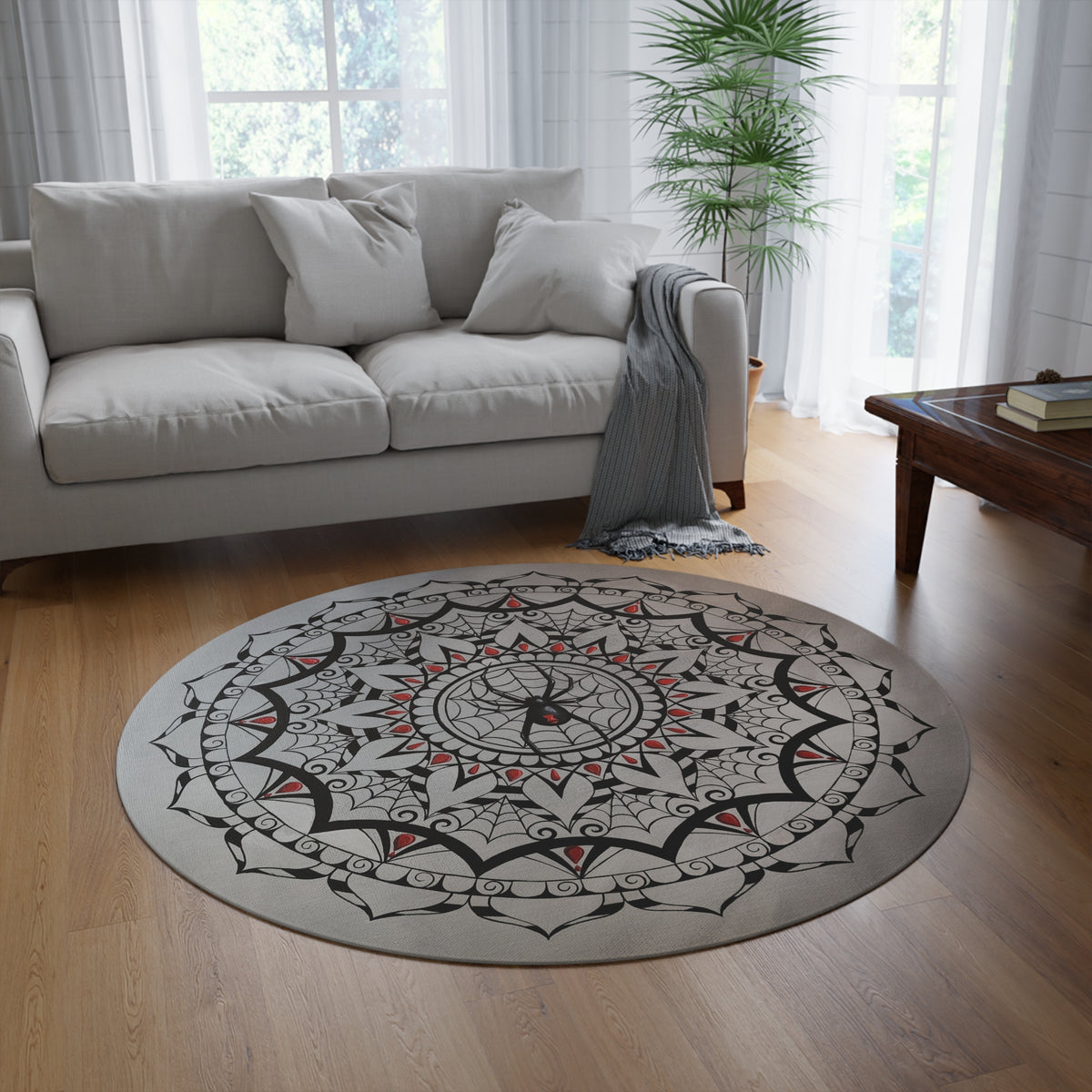 Gothic Spiderweb Mandala Round Rug — Black & Red