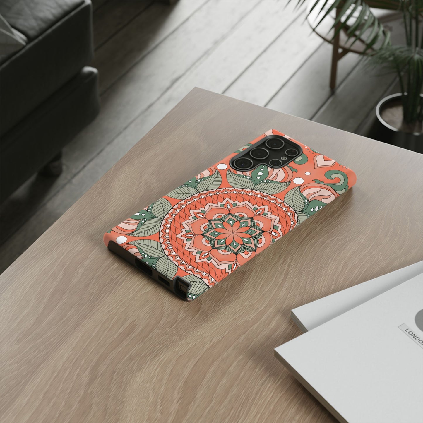 "Persimmon" Mandala Floral Phone Case — Boho Coral Green Protective Cover