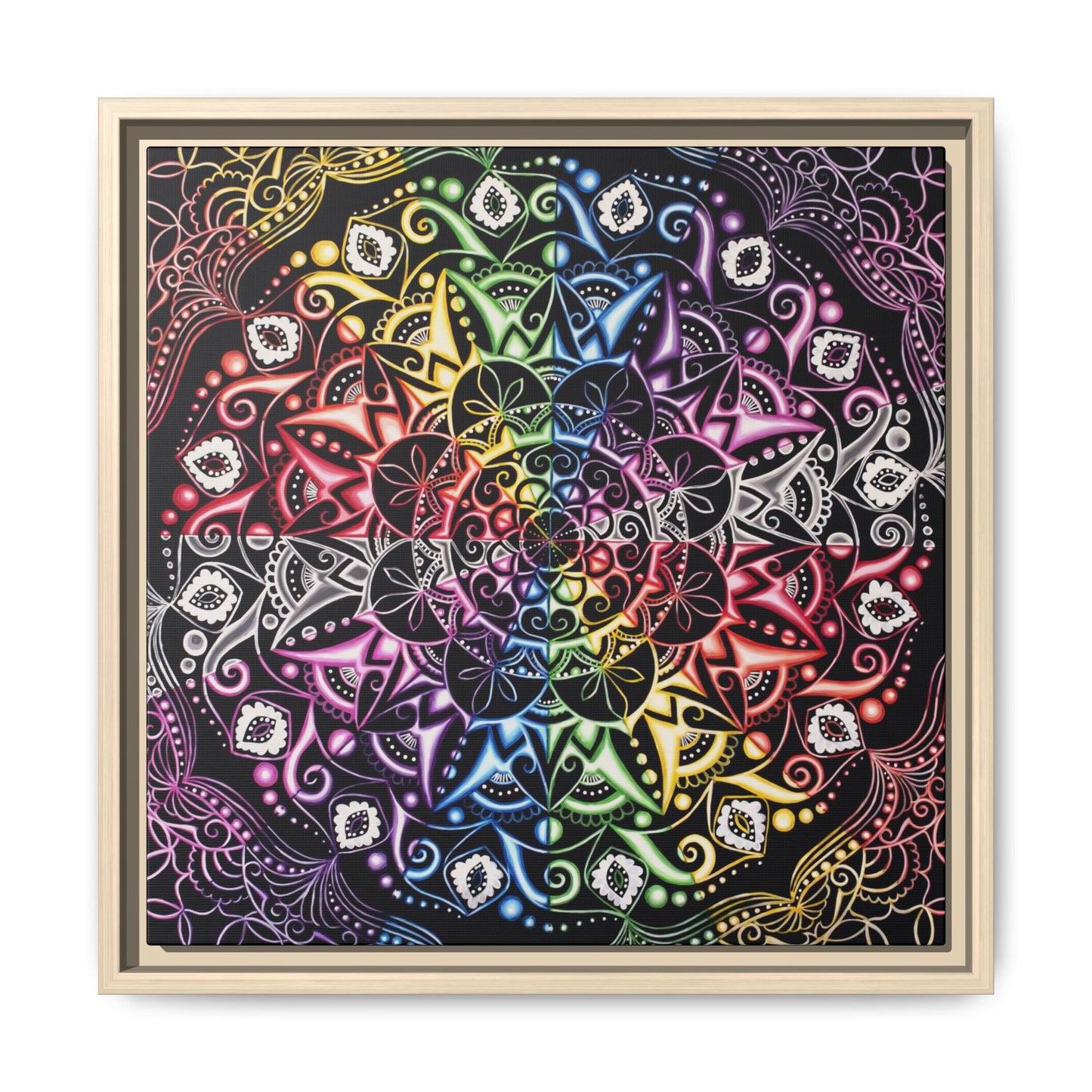 Rainbow Mandala Framed Canvas Art — Psychedelic Boho Wall Decor
