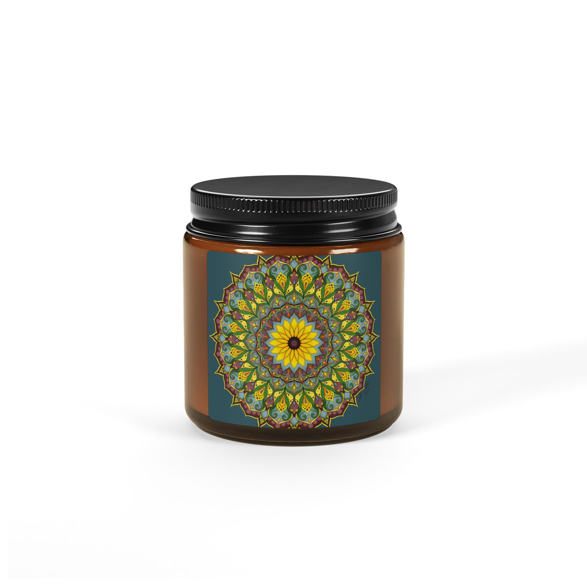 Sunflower Mandala Soy Candle in Amber Jar