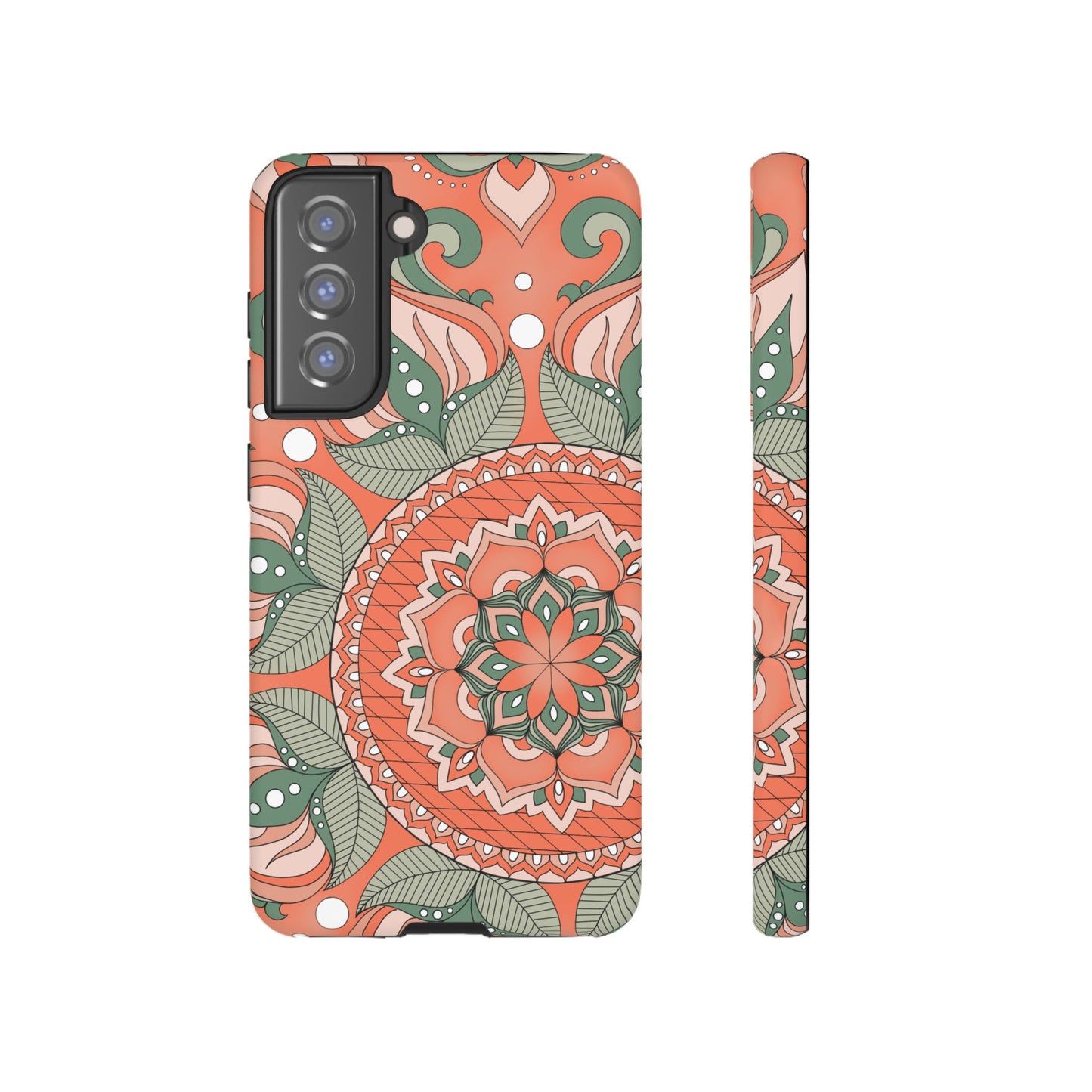 "Persimmon" Mandala Floral Phone Case — Boho Coral Green Protective Cover