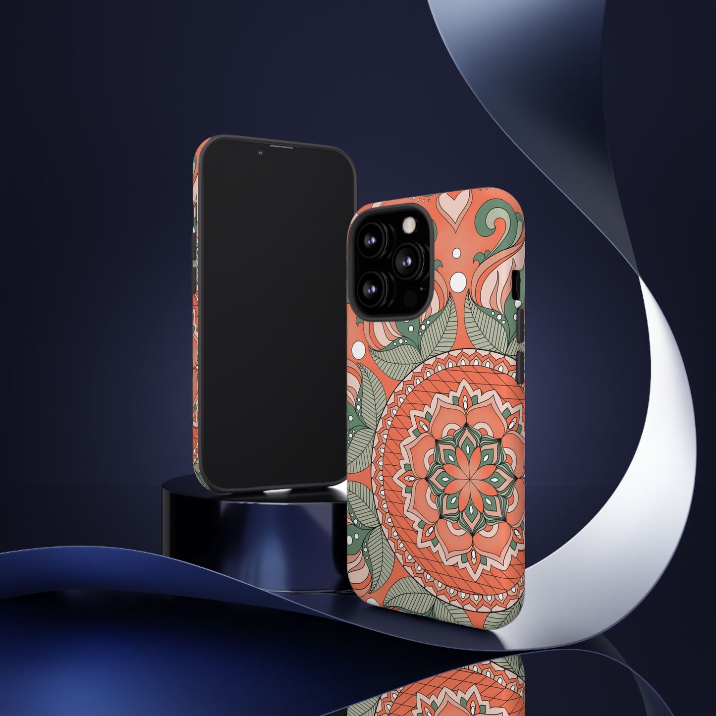 "Persimmon" Mandala Floral Phone Case — Boho Coral Green Protective Cover