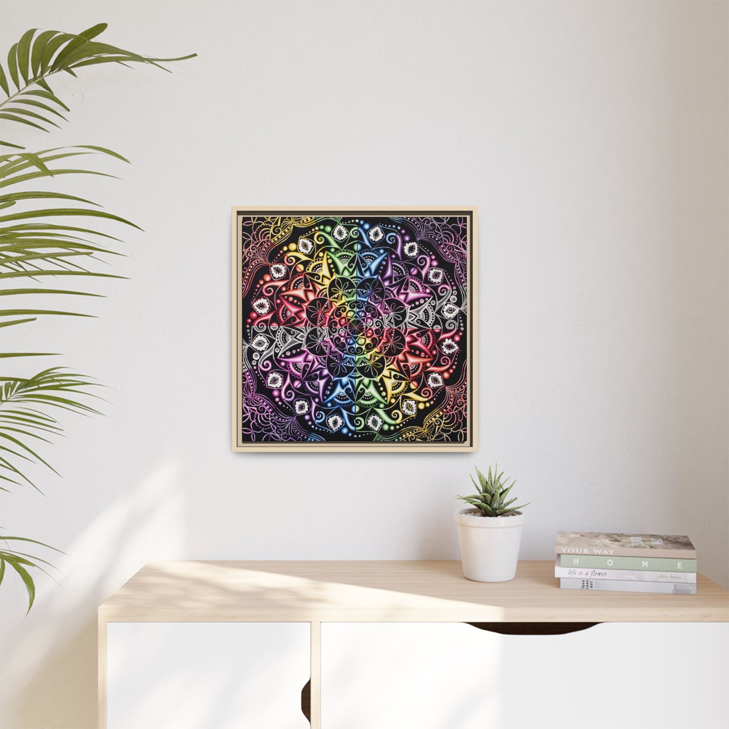 Rainbow Mandala Framed Canvas Art — Psychedelic Boho Wall Decor