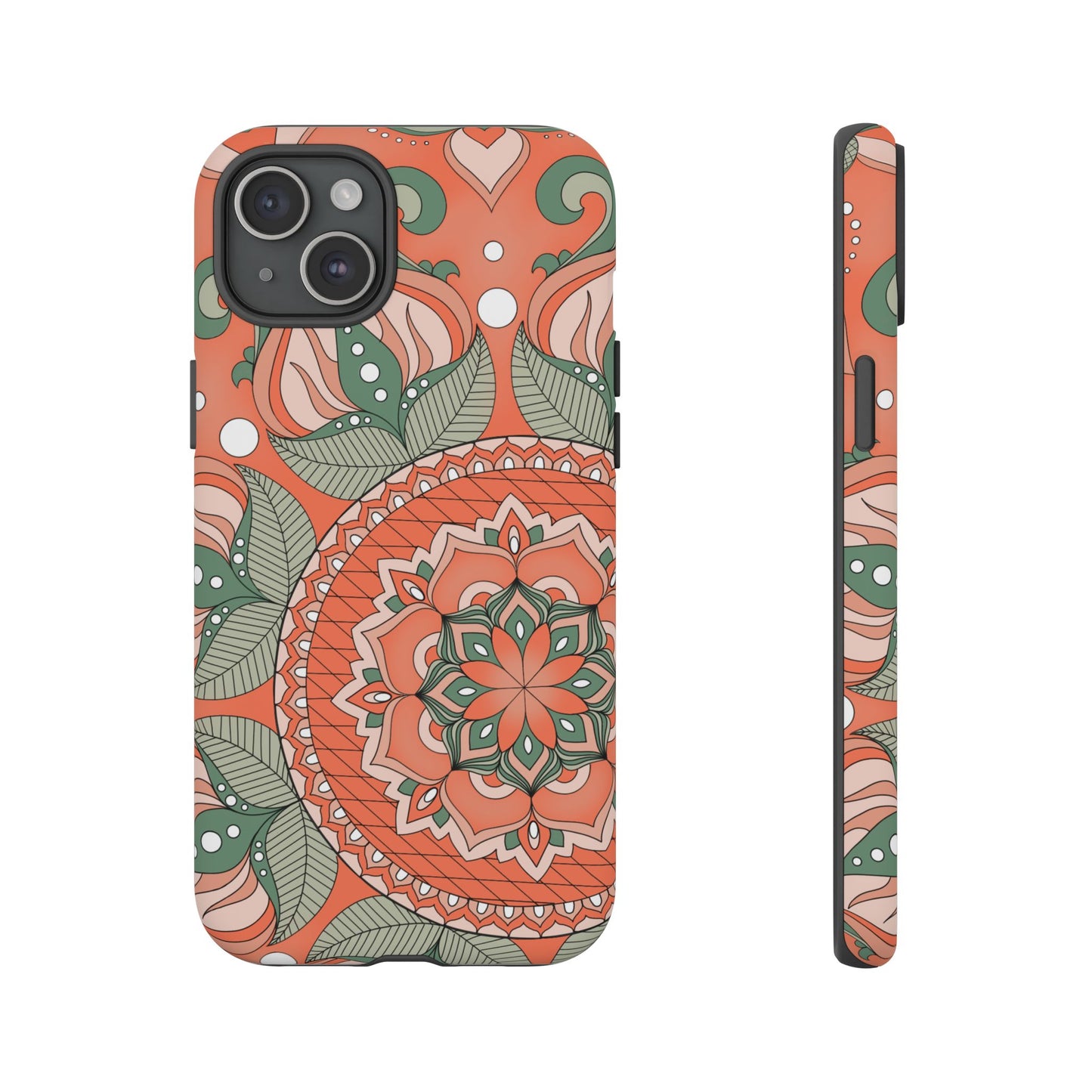 "Persimmon" Mandala Floral Phone Case — Boho Coral Green Protective Cover