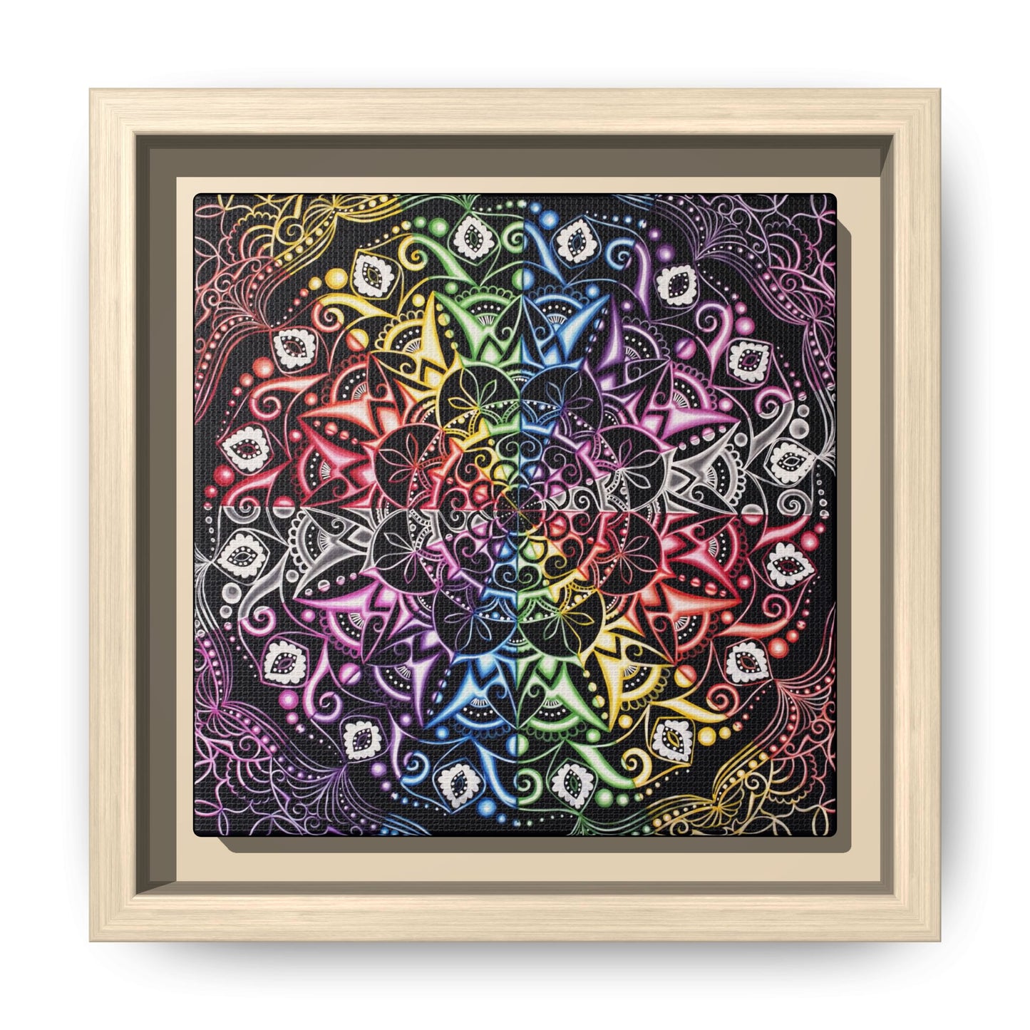 Rainbow Mandala Framed Canvas Art — Psychedelic Boho Wall Decor