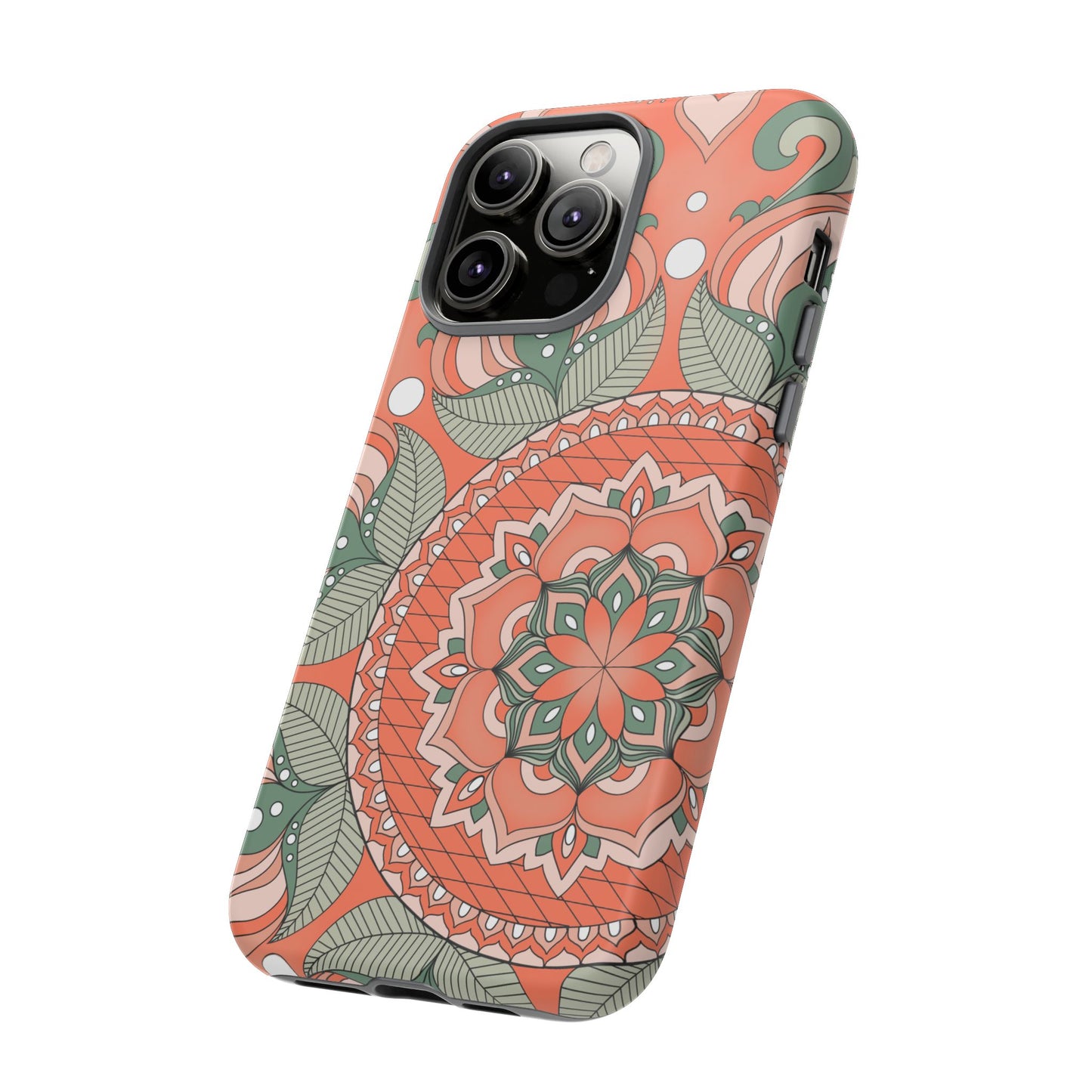 "Persimmon" Mandala Floral Phone Case — Boho Coral Green Protective Cover