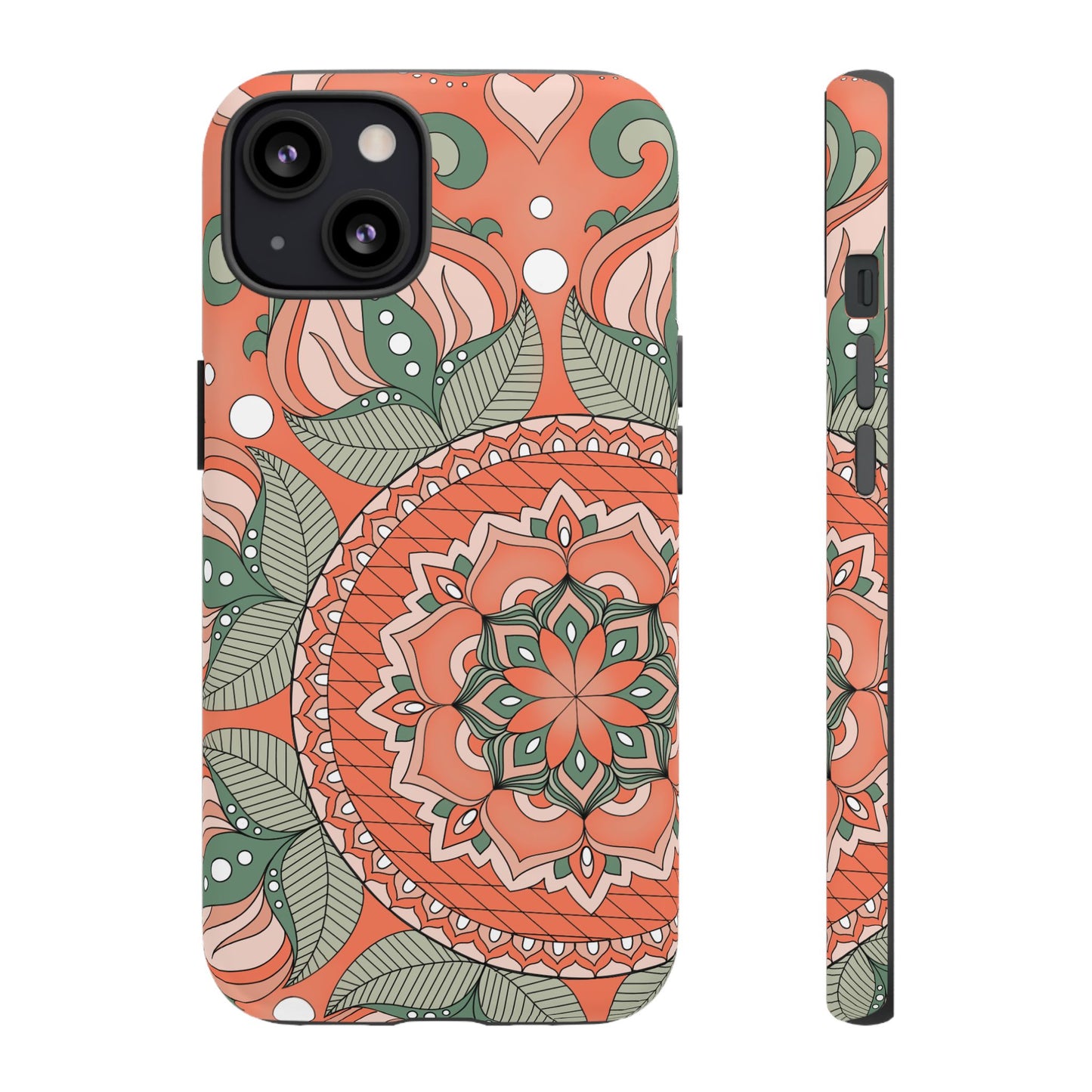 "Persimmon" Mandala Floral Phone Case — Boho Coral Green Protective Cover