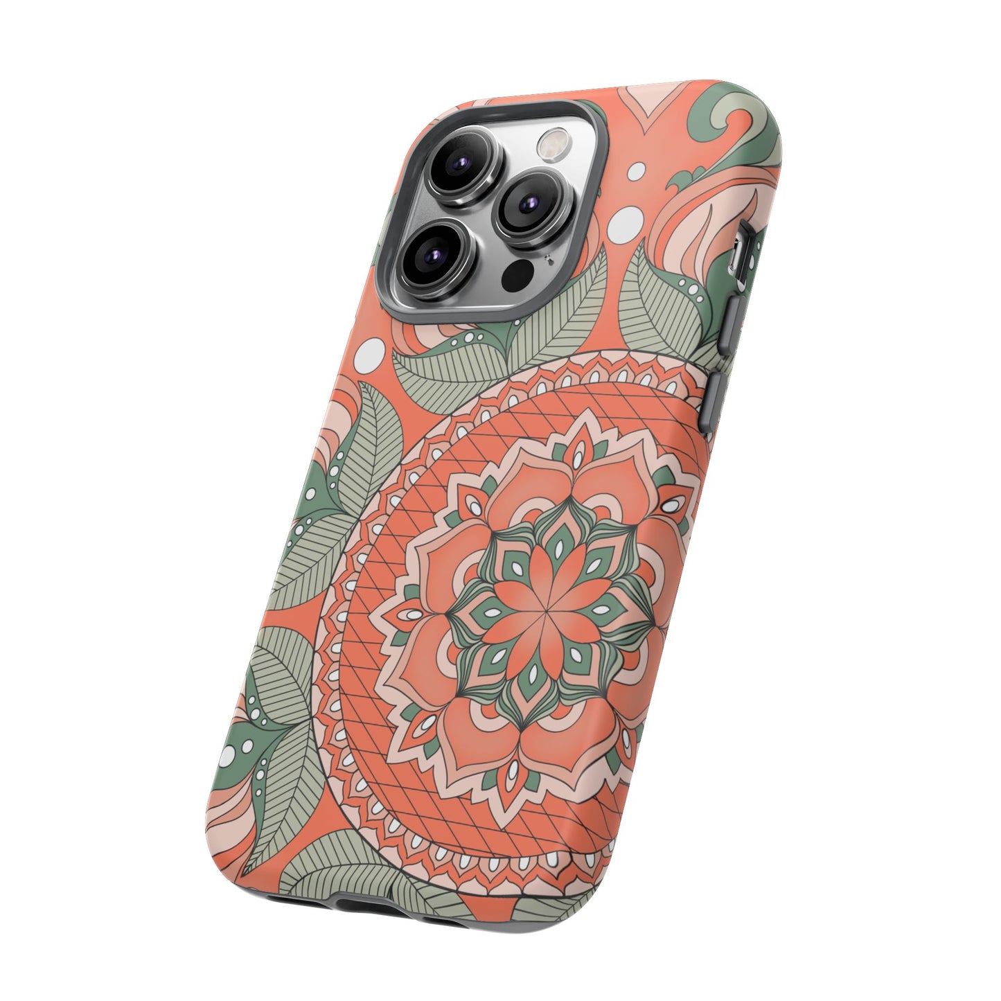 "Persimmon" Mandala Floral Phone Case — Boho Coral Green Protective Cover